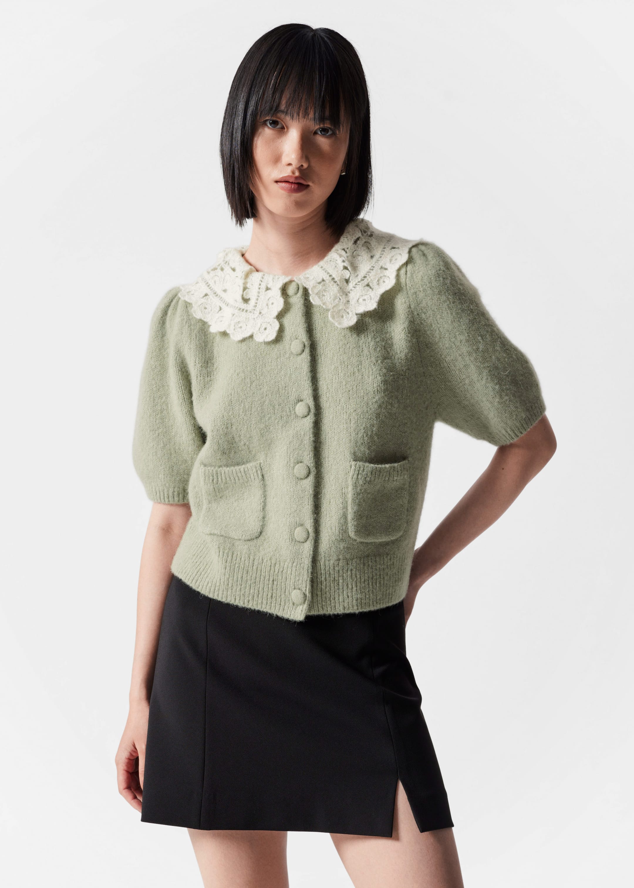 Image of Crochet-Collar Knit Cardigan