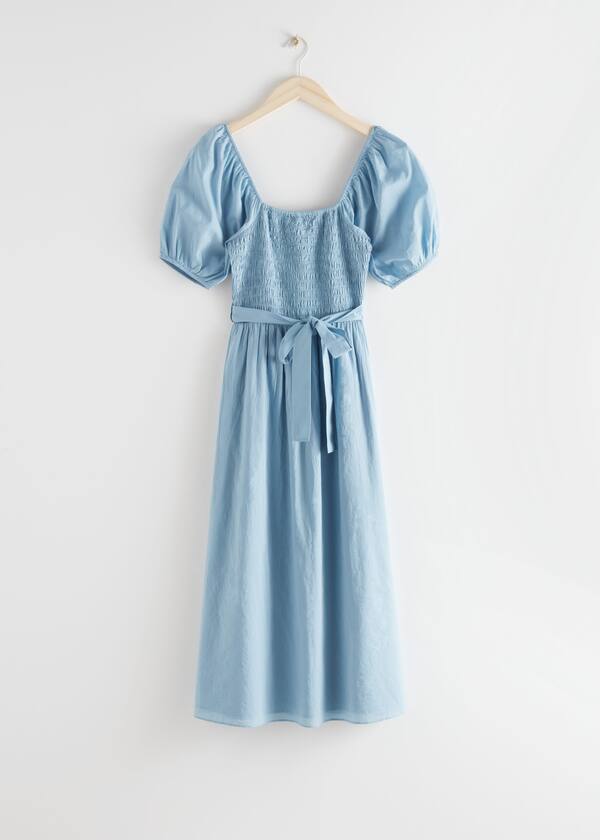 StillLife Front Image of Stories Belted Puff Sleeve Midi Dress in Blue