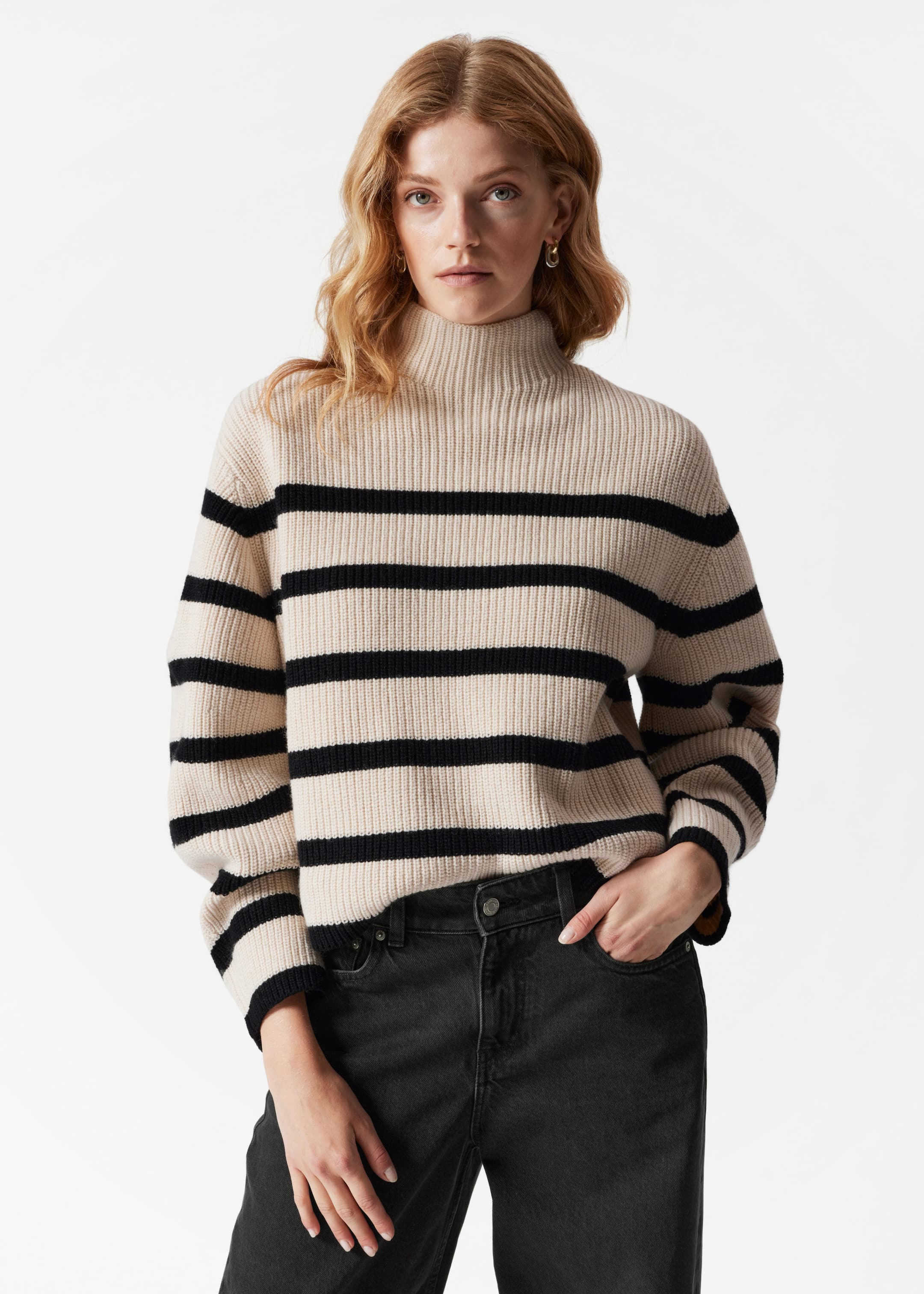 Mock Neck Merino Jumper Cream Black Stripes Other Stories DK