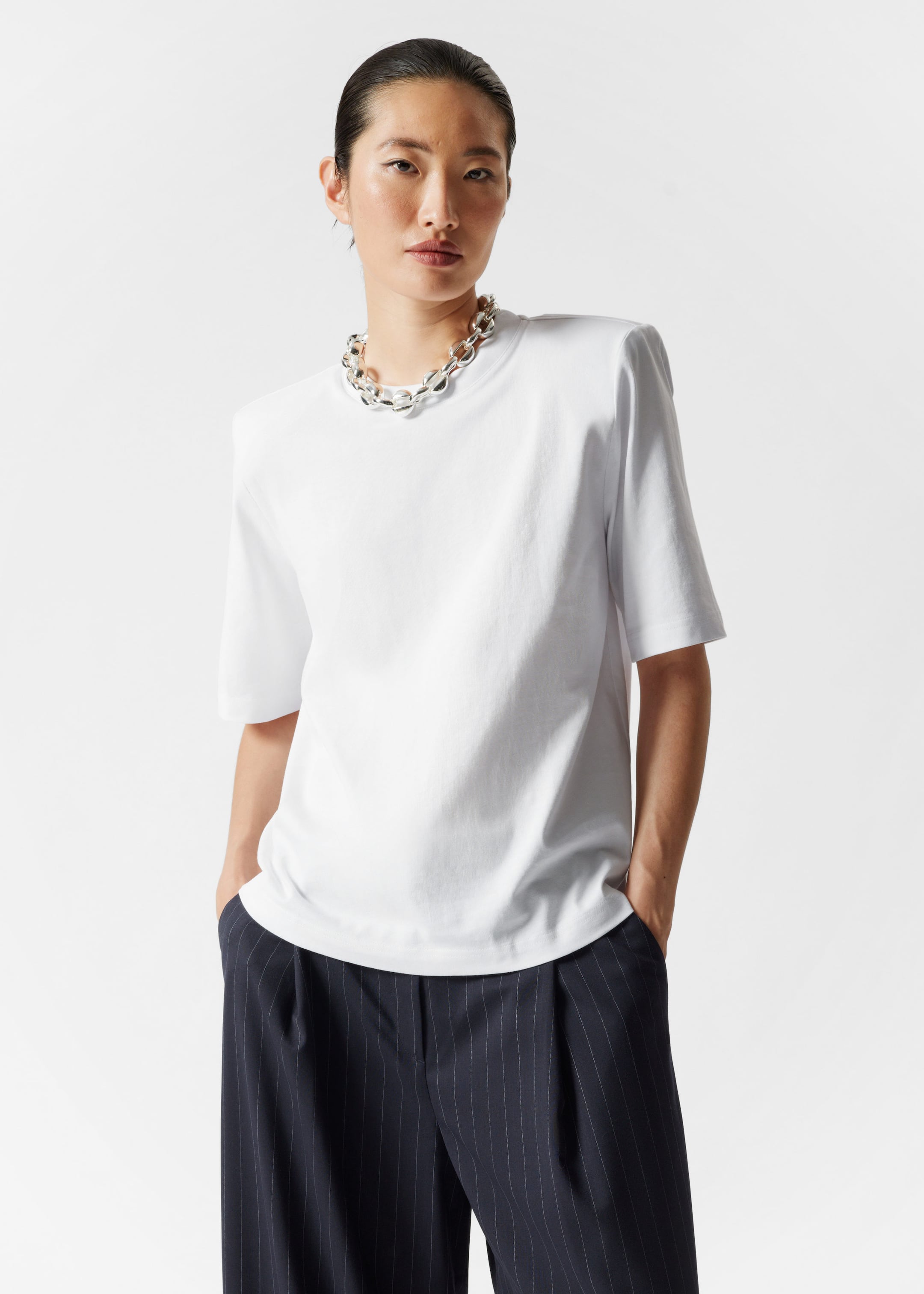 Image of Padded-Shoulder Cotton T-Shirt