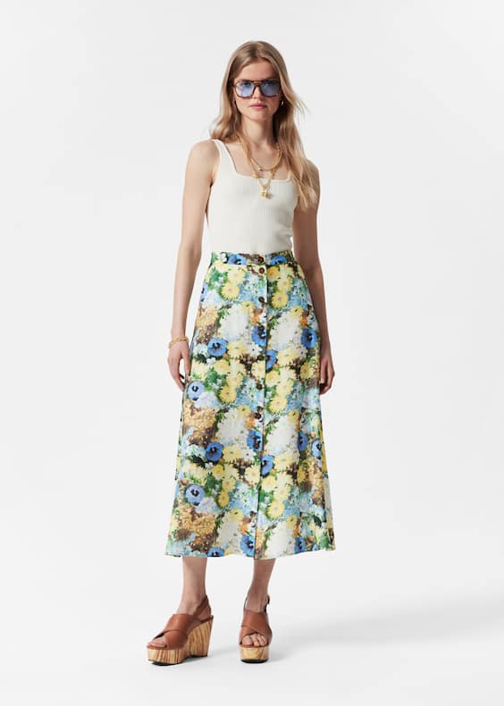 Buttoned A-Line Midi Skirt