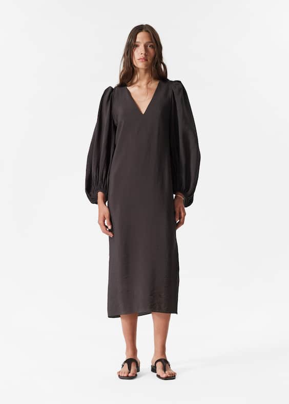 Puff-Sleeve V-Neck Midi Dress