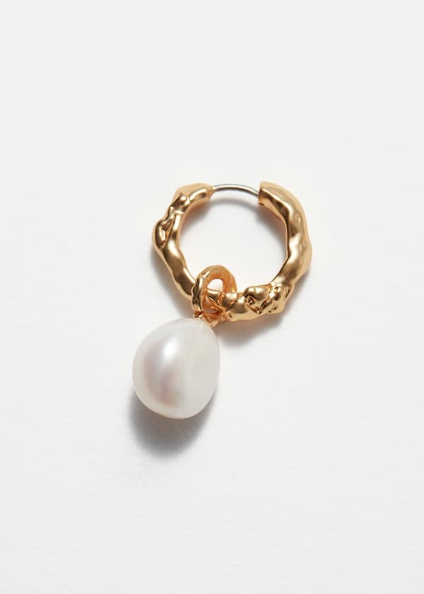 Sculpted Pearl Drop Hoop Earrings