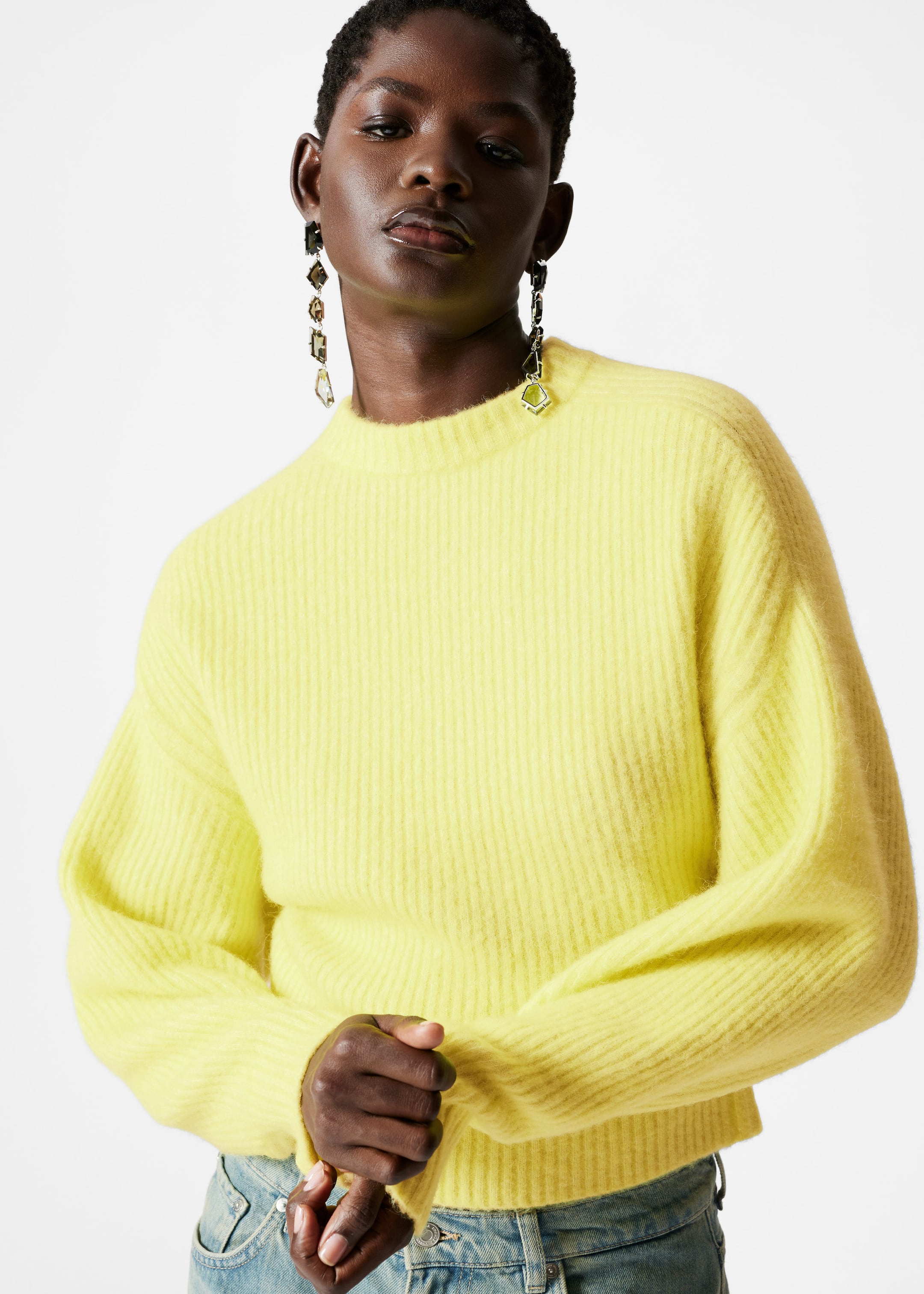 Ribbed-Knit Mock-Neck Jumper - Yellow - Lookbook