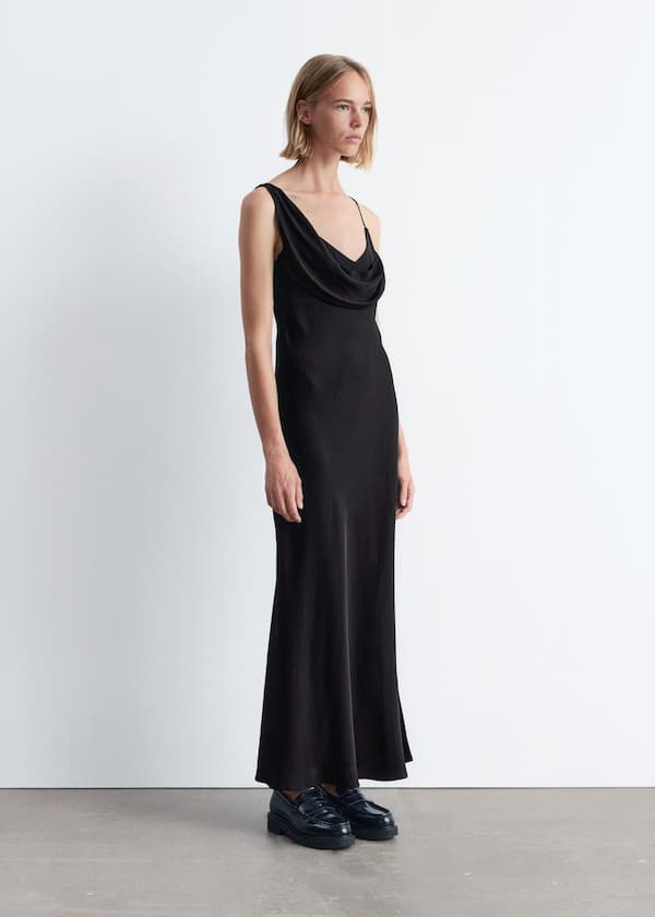 Asymmetric Cowl-Neck Midi Dress