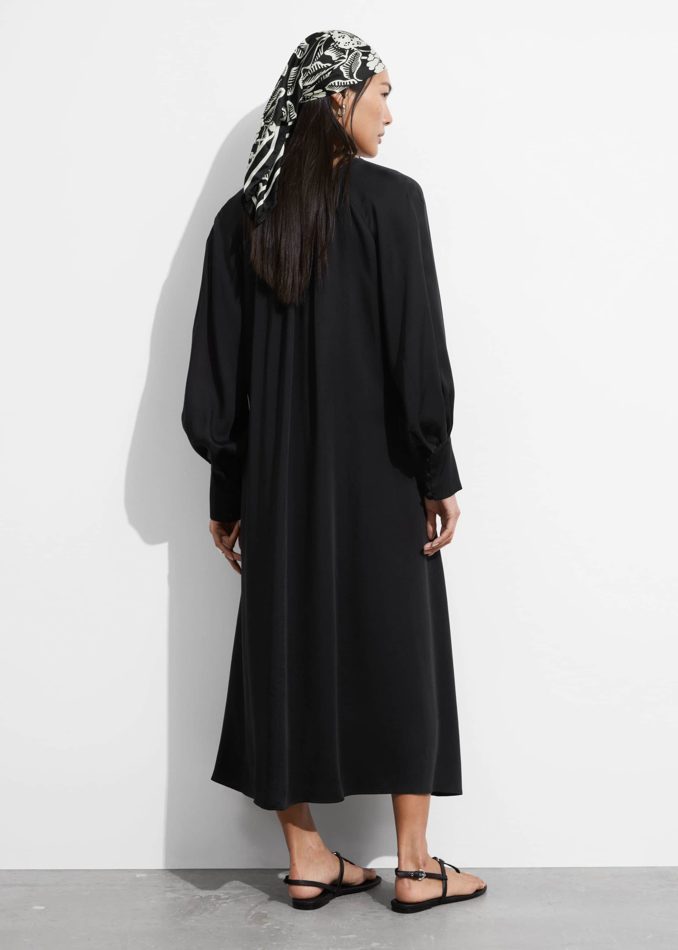 V-Cut Satin Midi Dress - Black - Lookbook