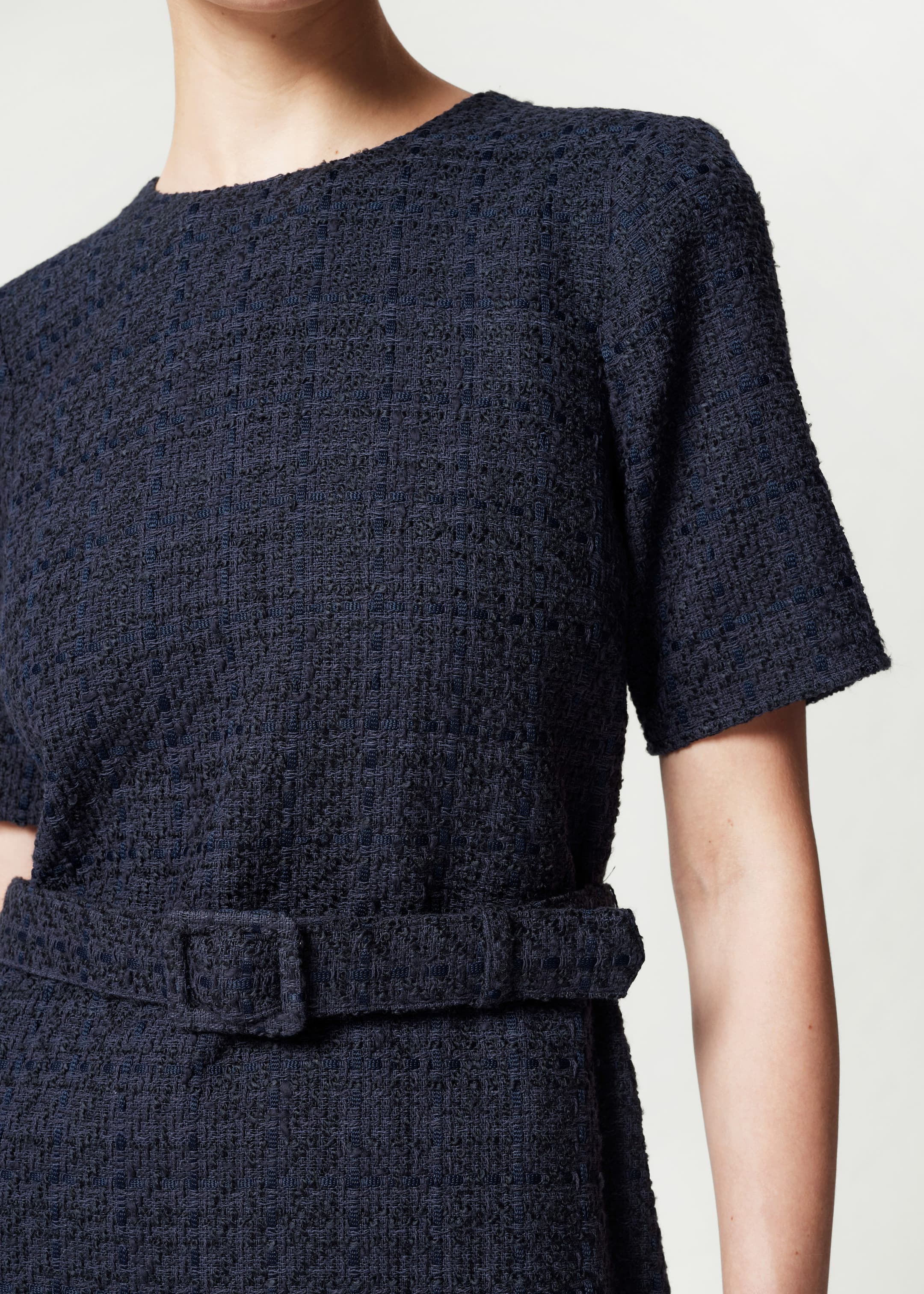 Tweed Belted Mini Dress - Dark Blue Tweed - Lookbook