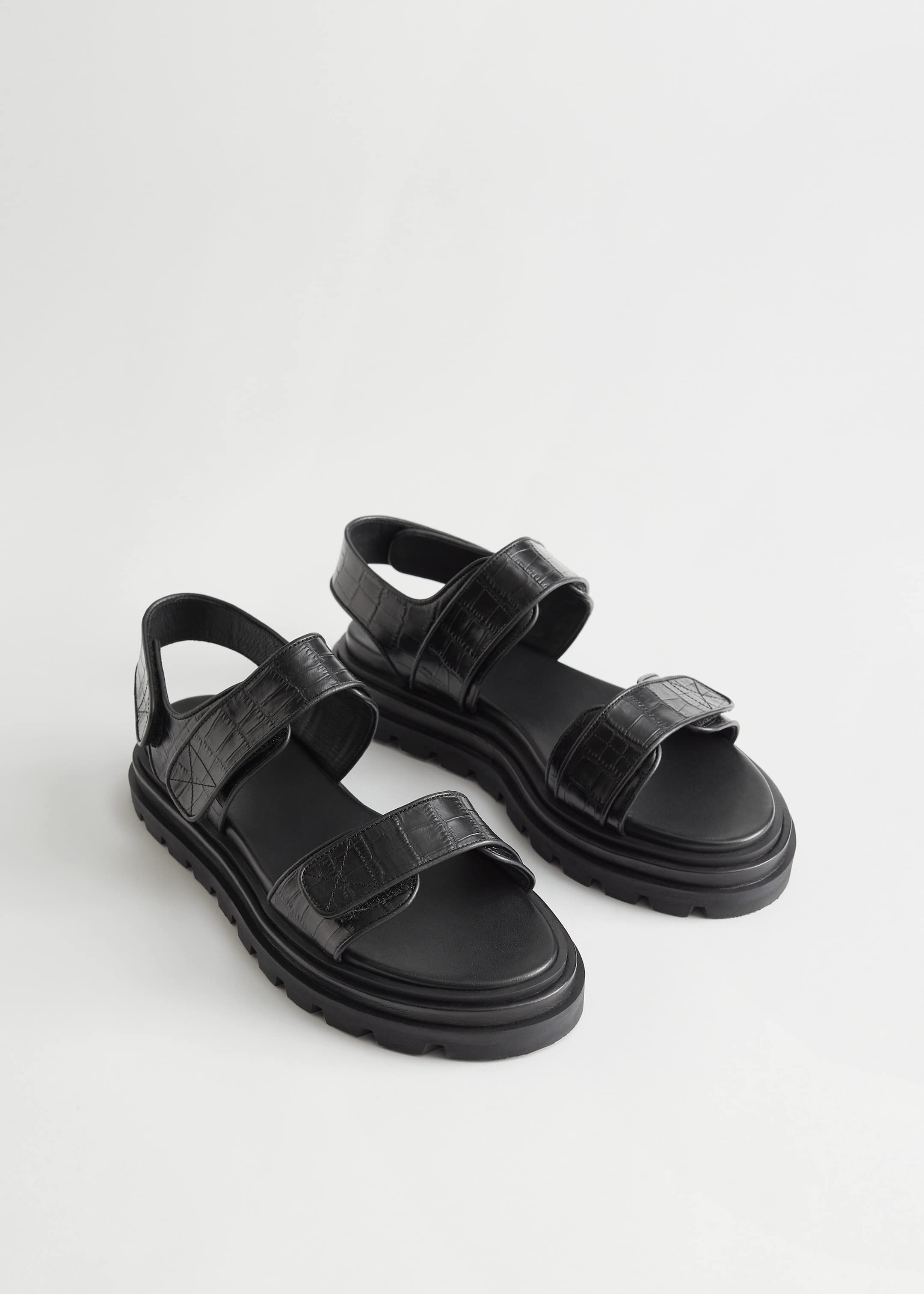 Croc Embossed Leather Sandals - Black Croc - Still Life