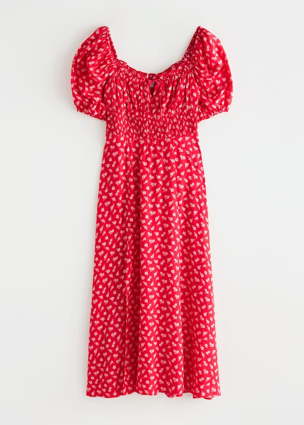 Smocked Side Slit Midi Dress