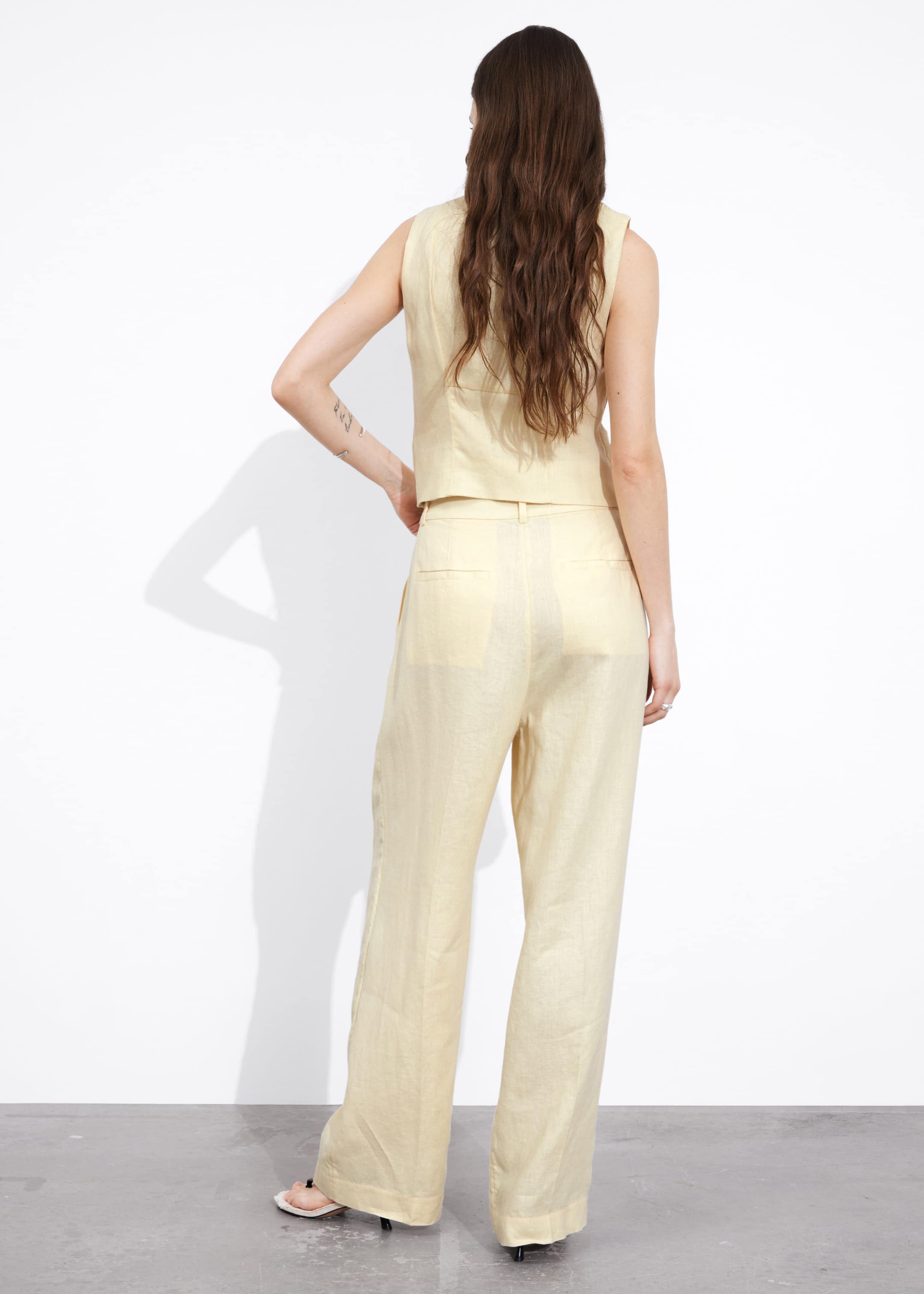 Wide Linen Trousers - Light Yellow - Lookbook