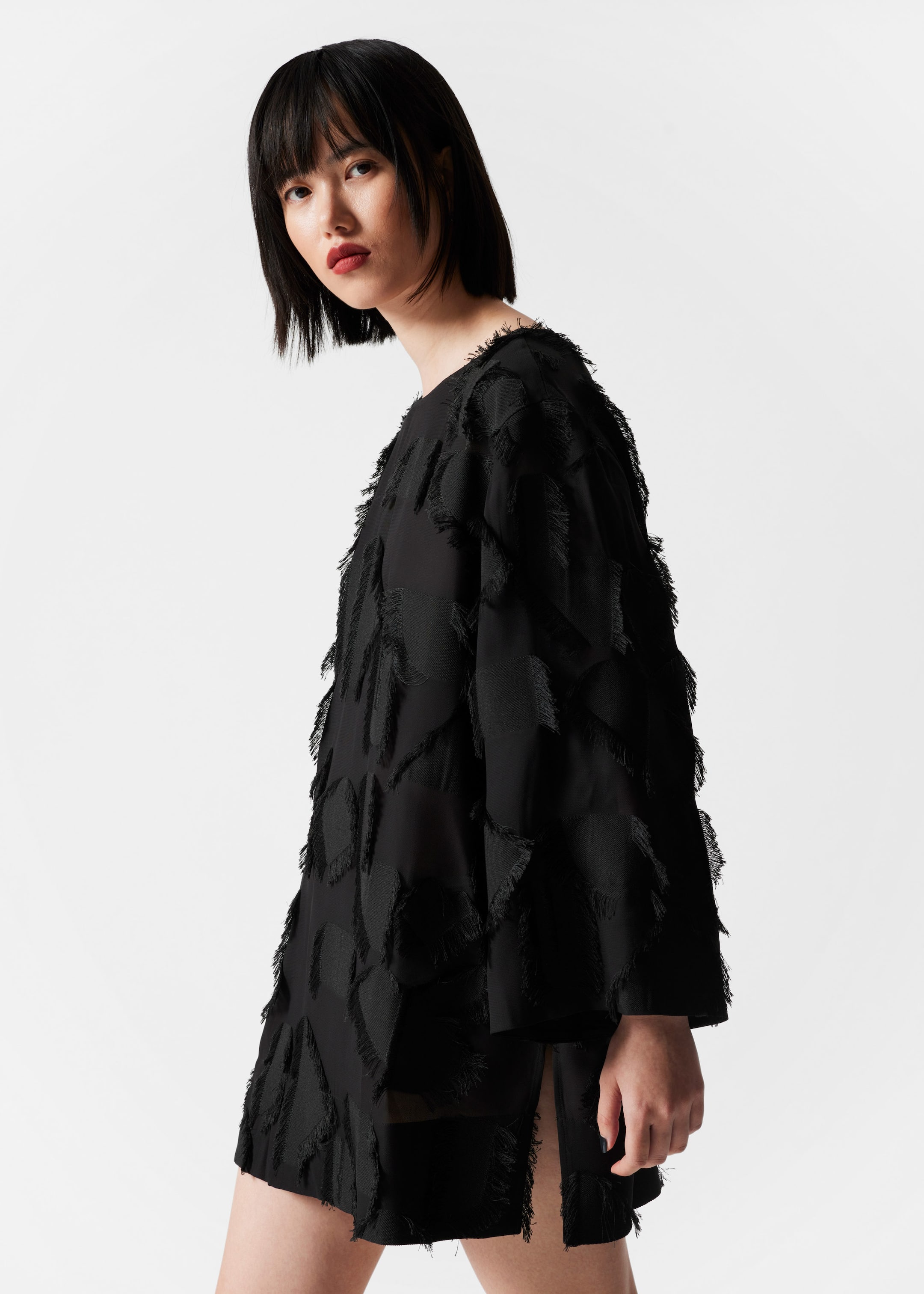 Robe-tunique courte à franges - Noir - Lookbook