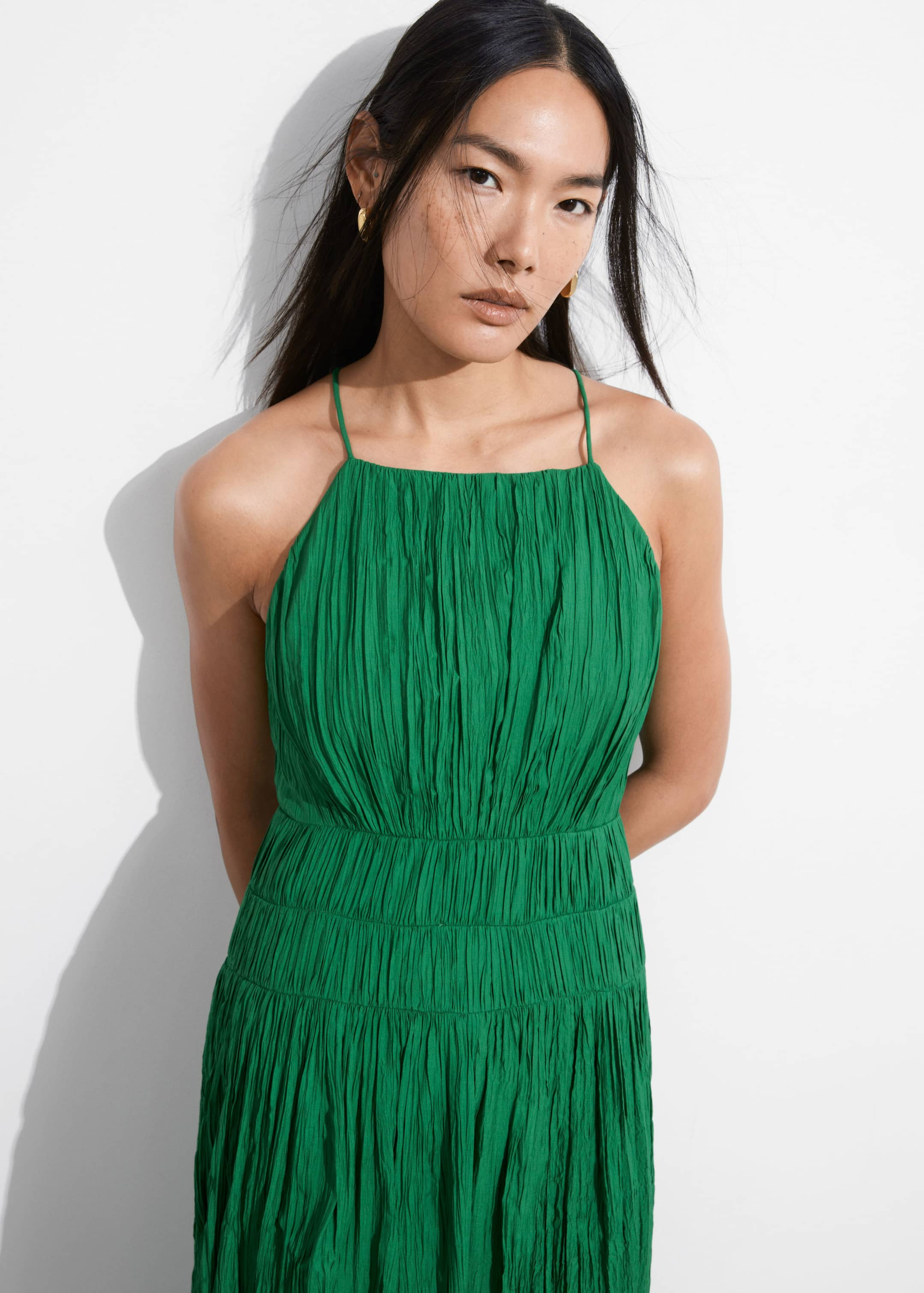 Shirred Sleeveless Midi Dress - Green - Lookbook