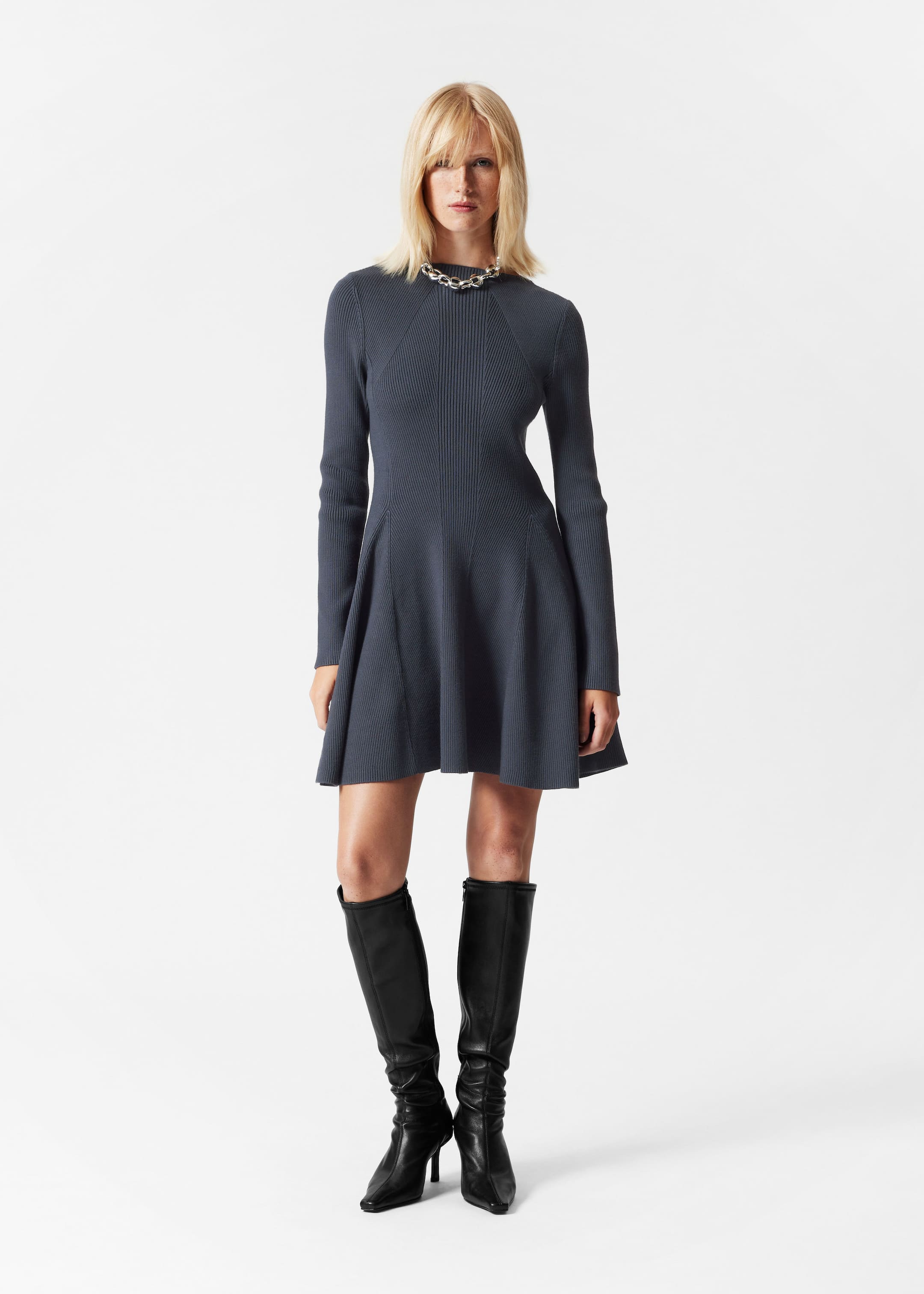 Rib Knit Mini Dress - Navy - Lookbook