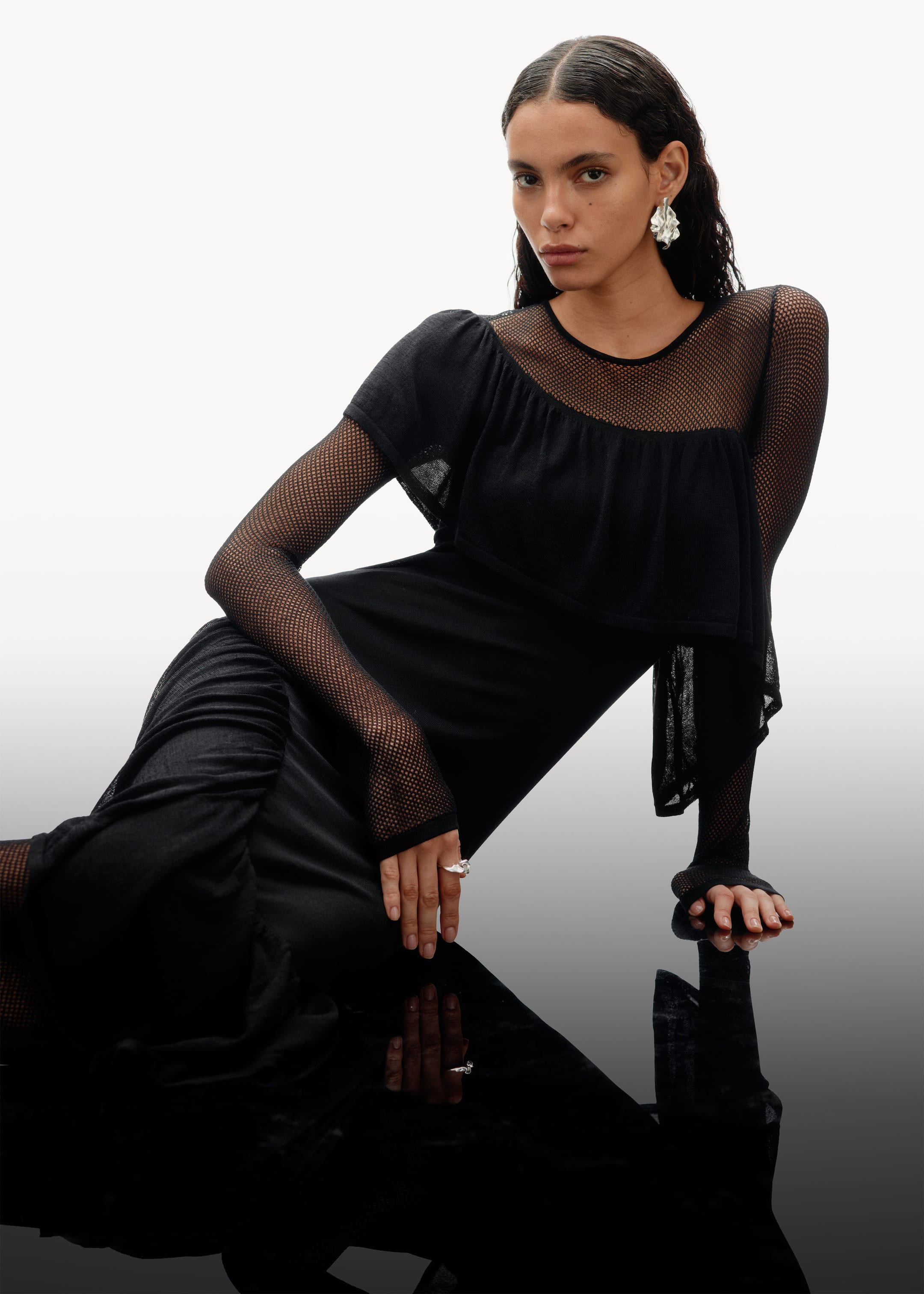 Robe midi en maille à superposition - Noir - Lookbook