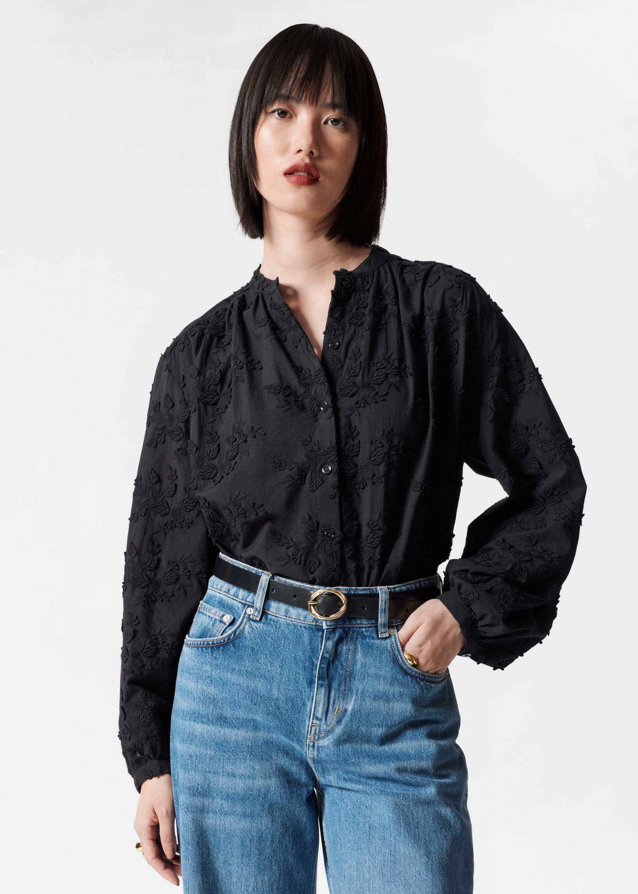 Voluminous Floral-Appliqué Blouse - Dark Blue Floral Embroidery - Lookbook