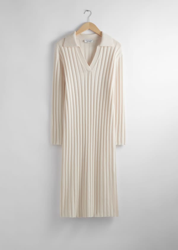 Collared Rib-Knit Midi Dress