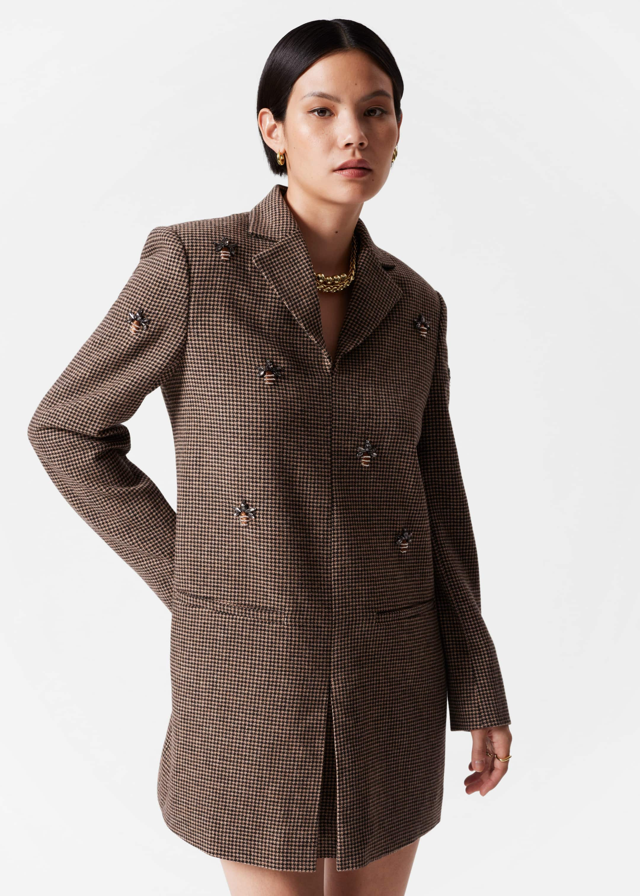 Mini-robe blazer brodée d’abeilles - Tweed brun - Lookbook