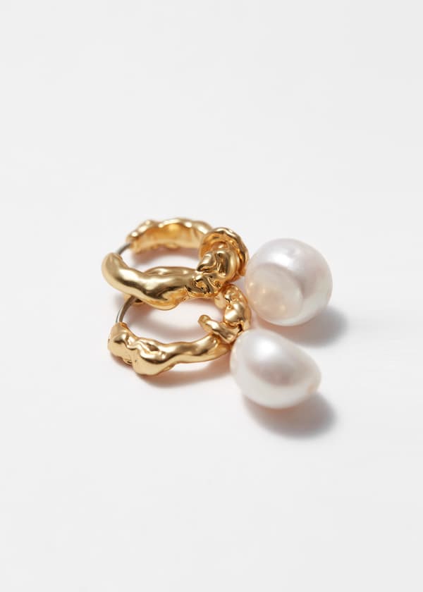 Sculpted Pearl Drop Hoop Earrings