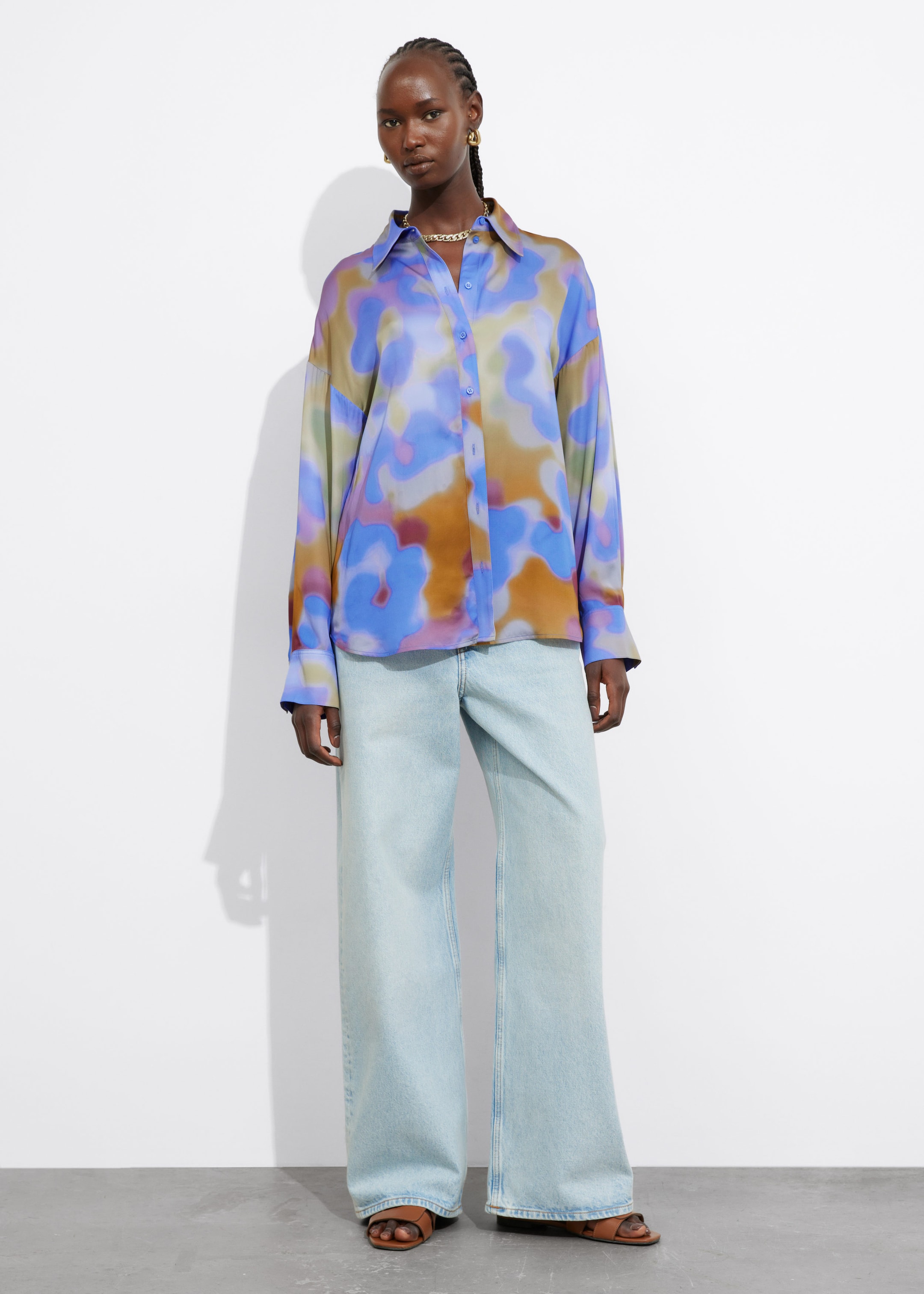 Printed Satin Shirt - Blue Print - Lookbook