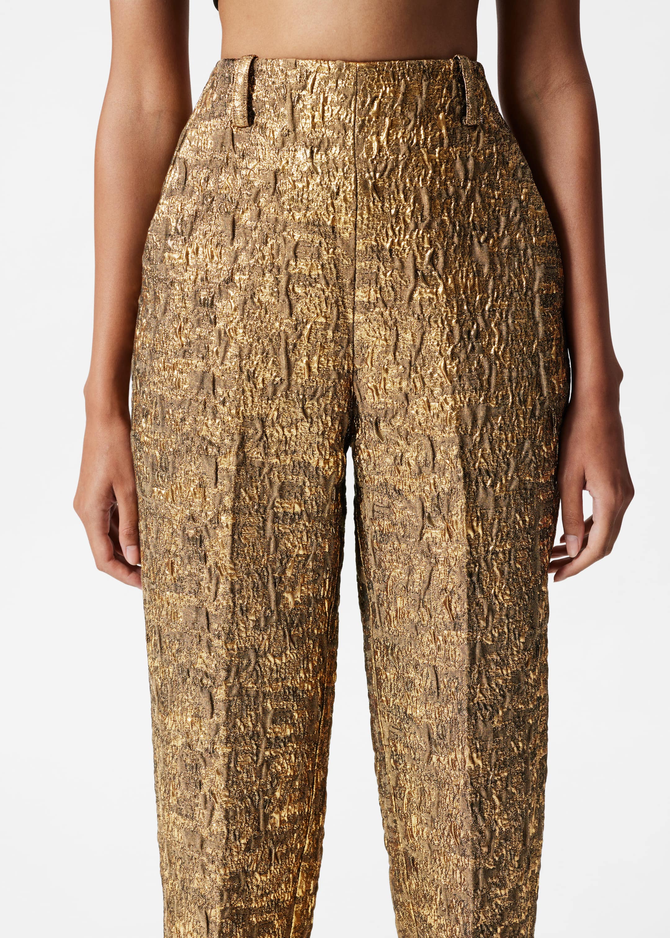 Tapered Metallic Jacquard Trousers - Gold - Lookbook