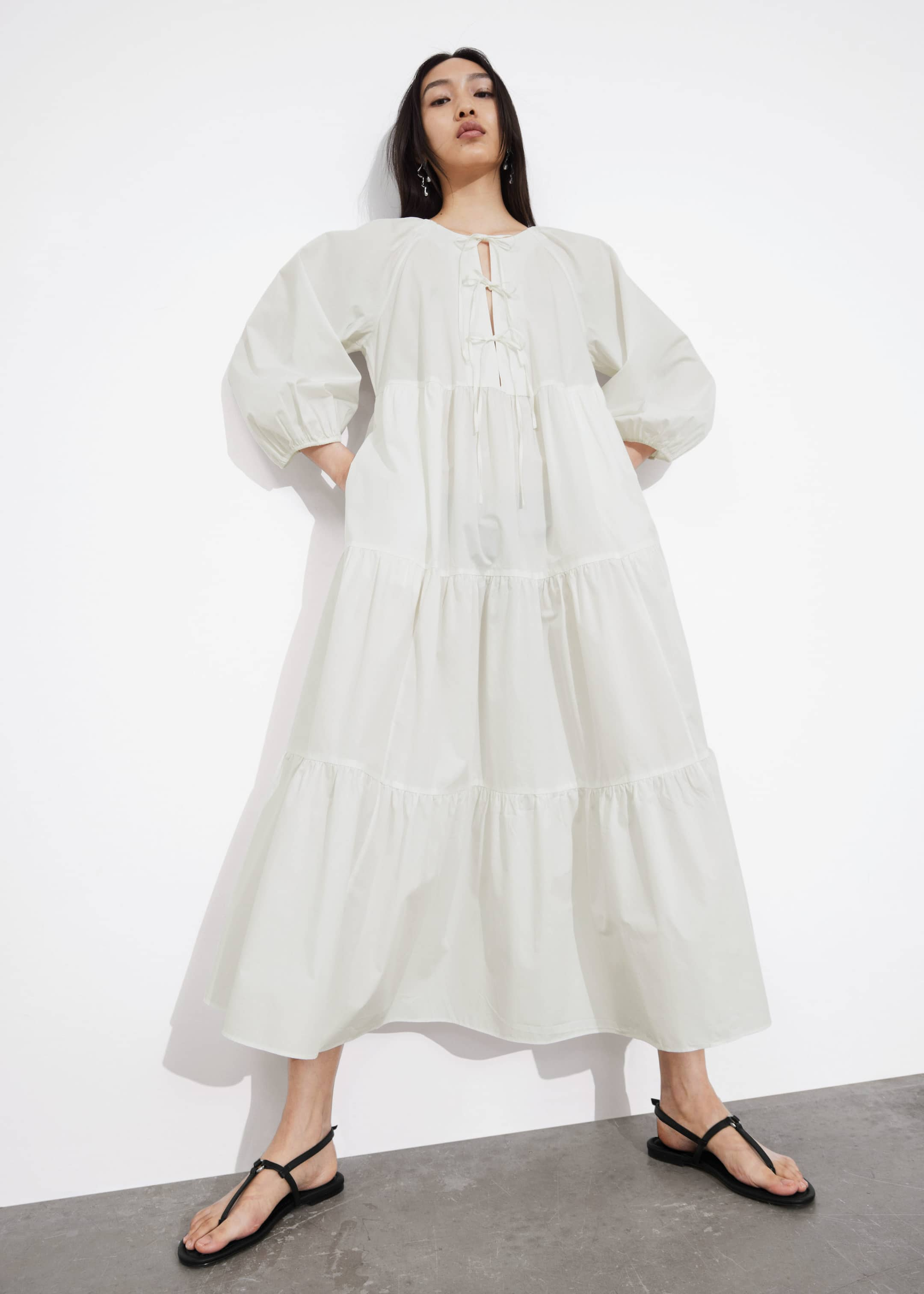 Tiered Tie-Detail Midi Dress - White - Lookbook