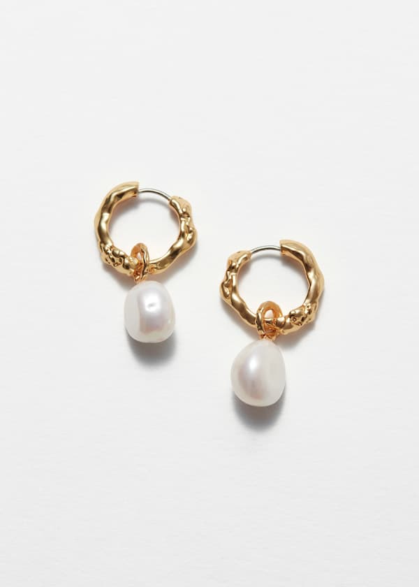 Sculpted Pearl Drop Hoop Earrings