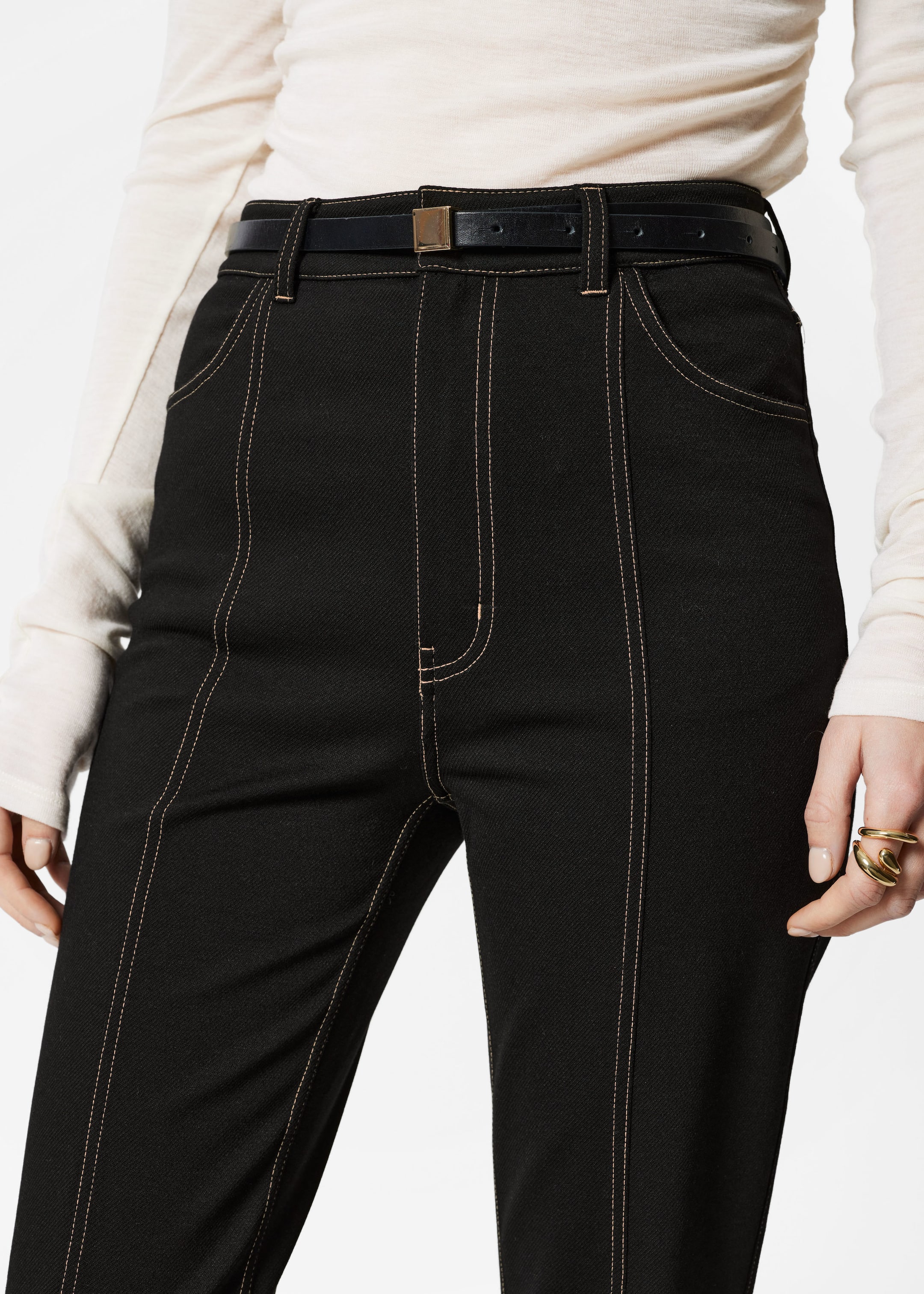 Flared Topstitched Trousers - Black - Lookbook