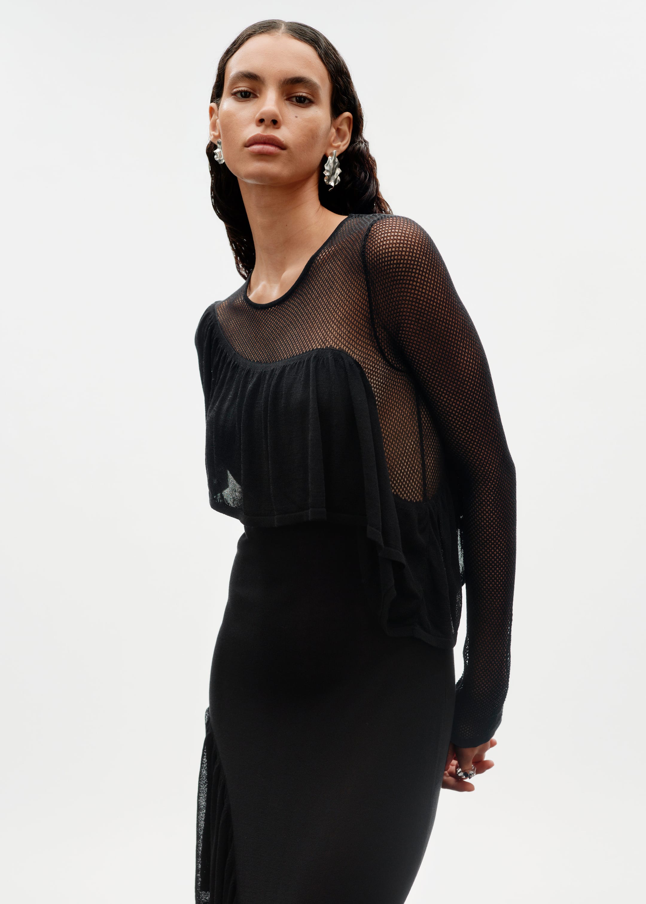 Robe midi en maille à superposition - Noir - Lookbook