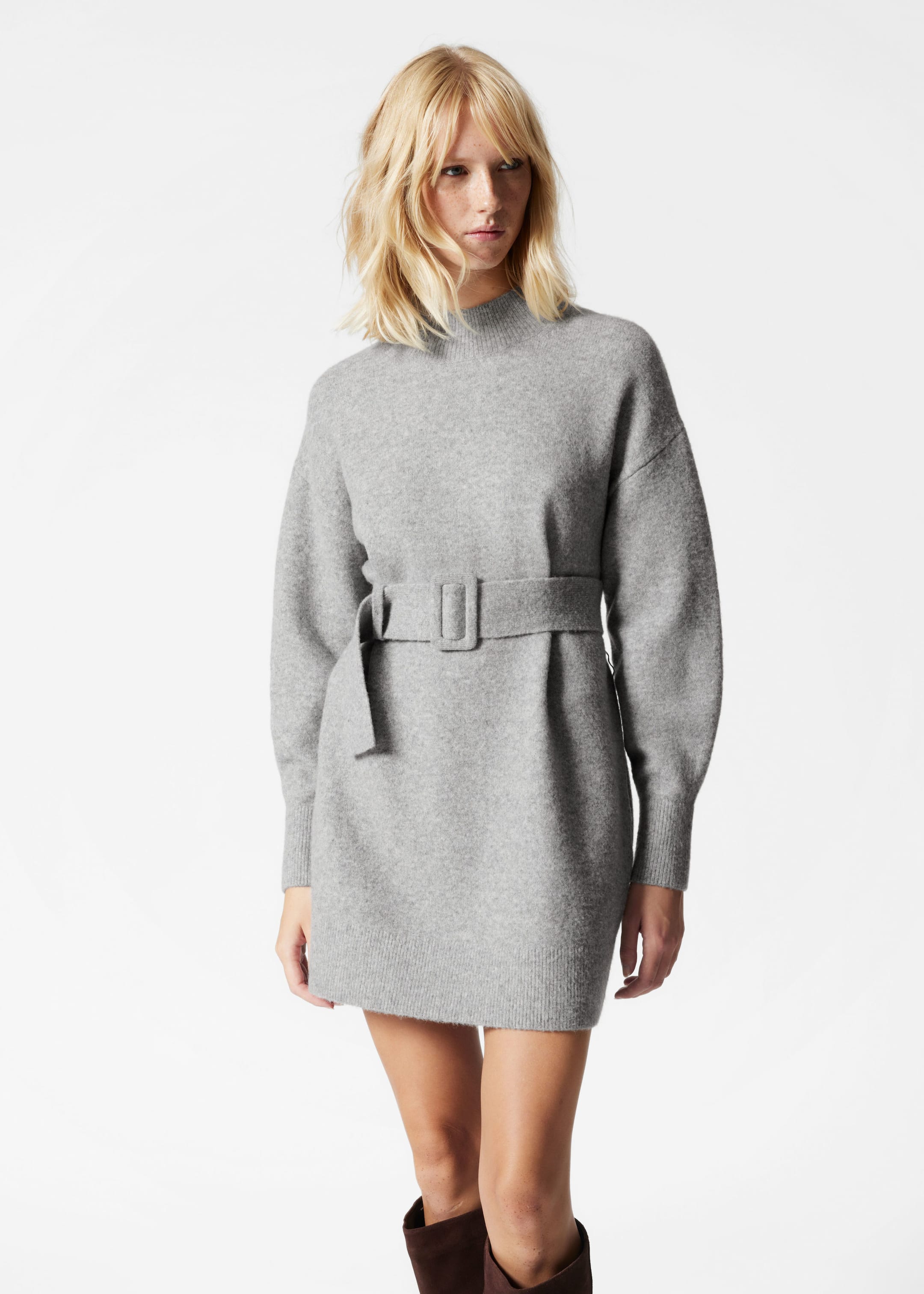 Belted Mini Knit Dress - Cream - Lookbook