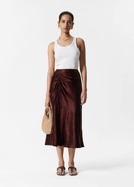 Drawstring Satin Midi Skirt