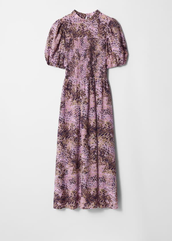 Smocked Puff-Sleeve Midi Dress