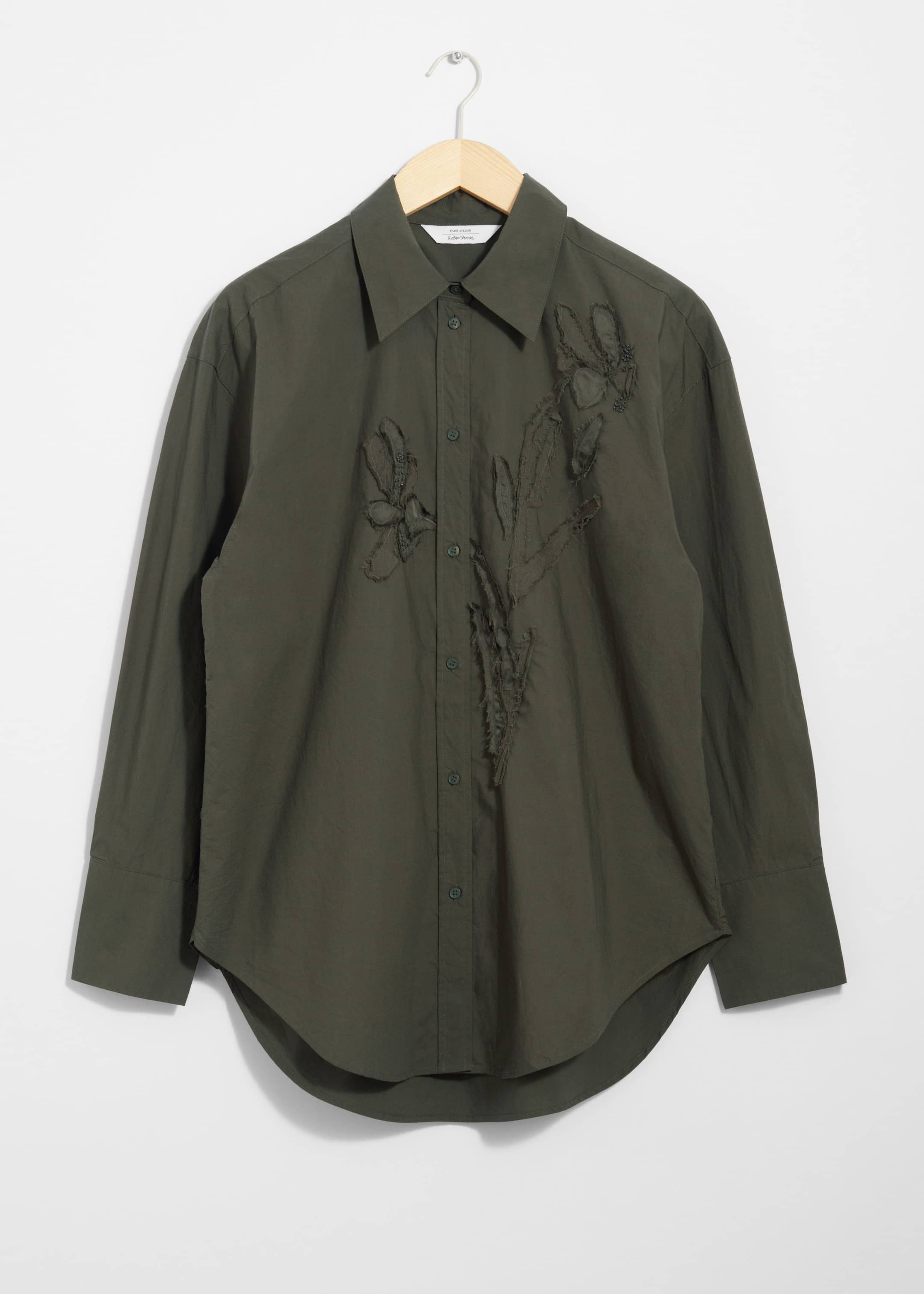 Floral-Embroidery Shirt - Khaki - Still Life