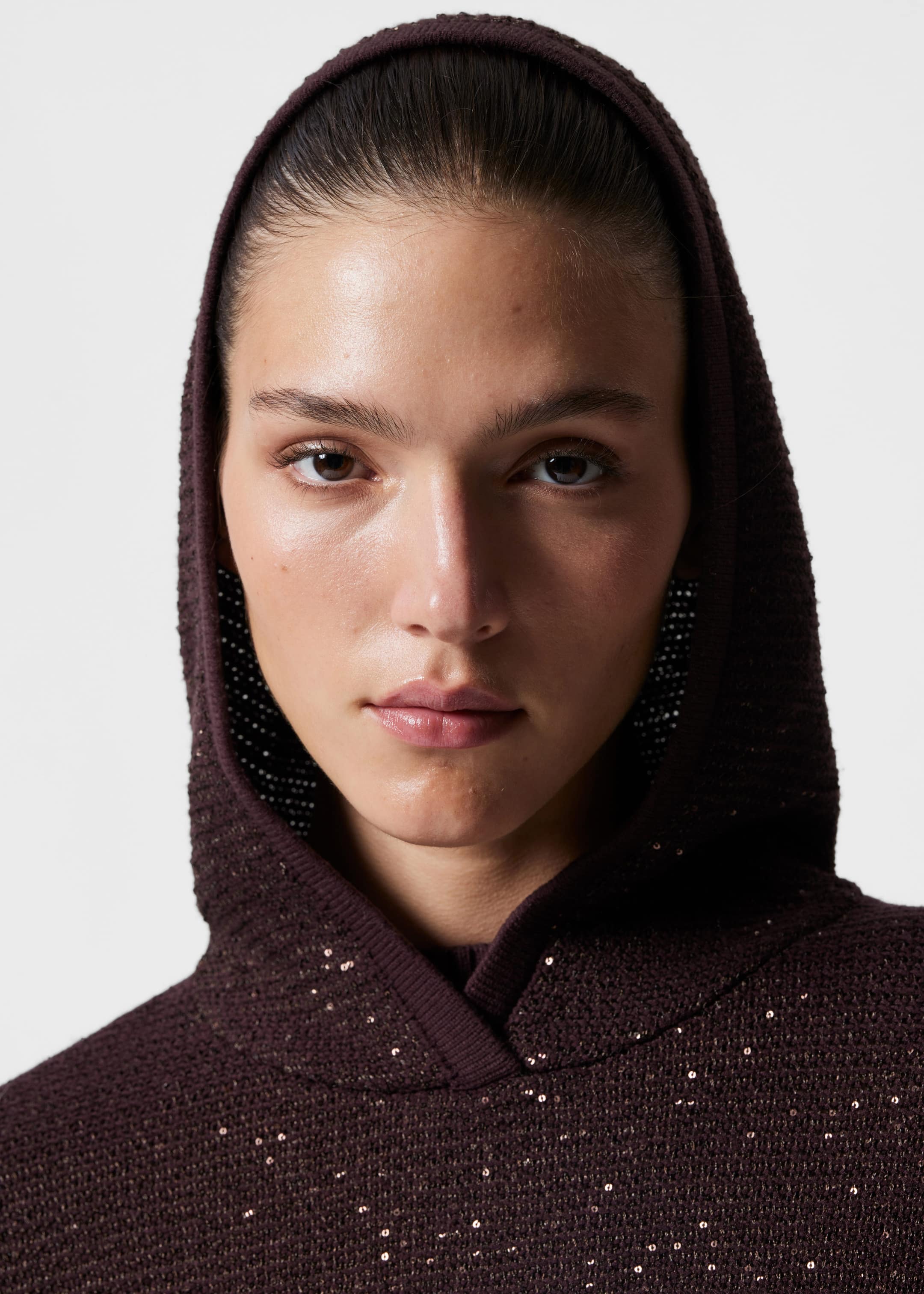 Metallic Knitted Hoodie - Burgundy - Lookbook