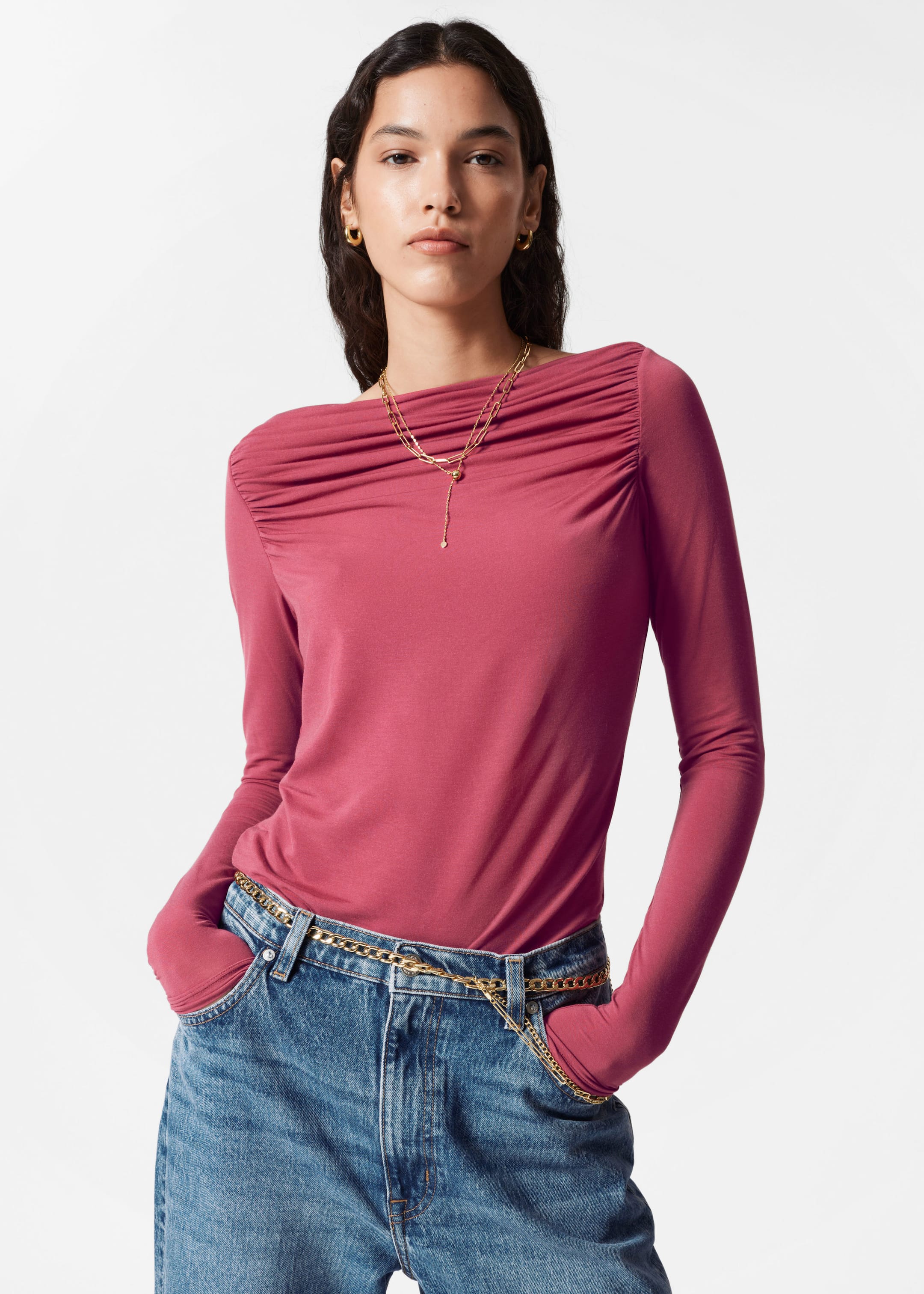 Draped Boatneck Top - Red - Lookbook