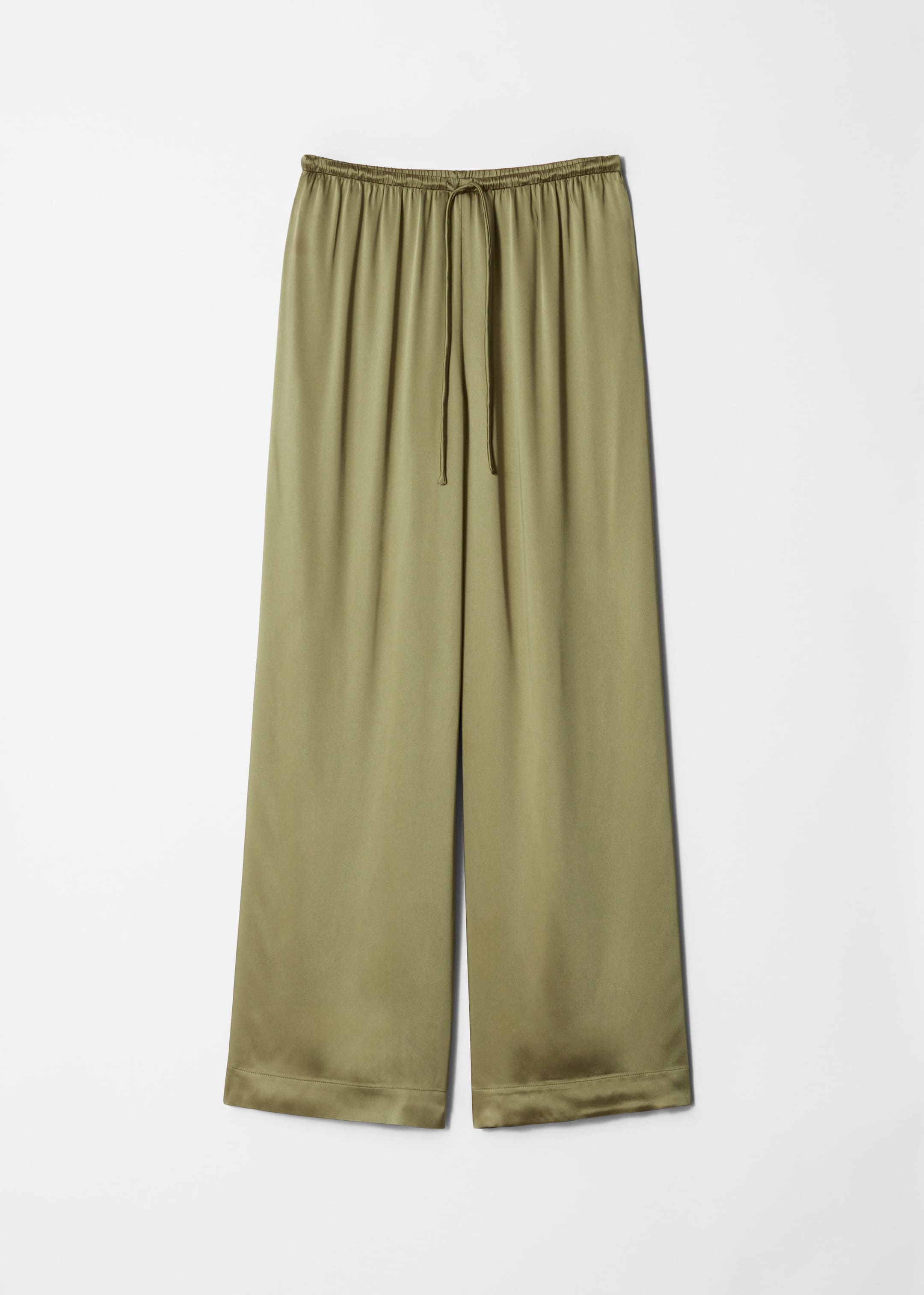 Drawstring Satin Trousers - Khaki Green - Wide trousers