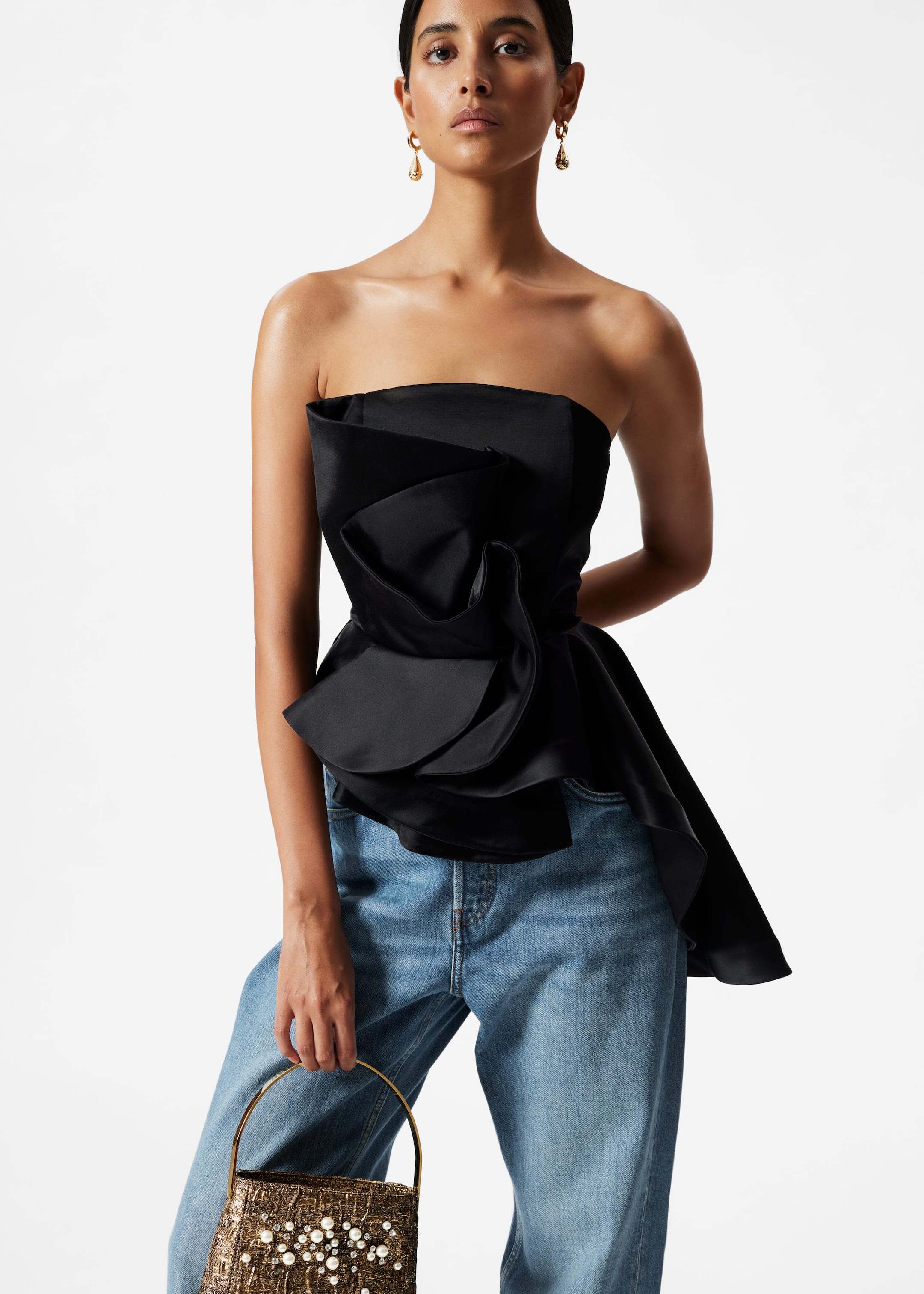 Asymmetric Ruffle Bandeau Top - Black - Lookbook