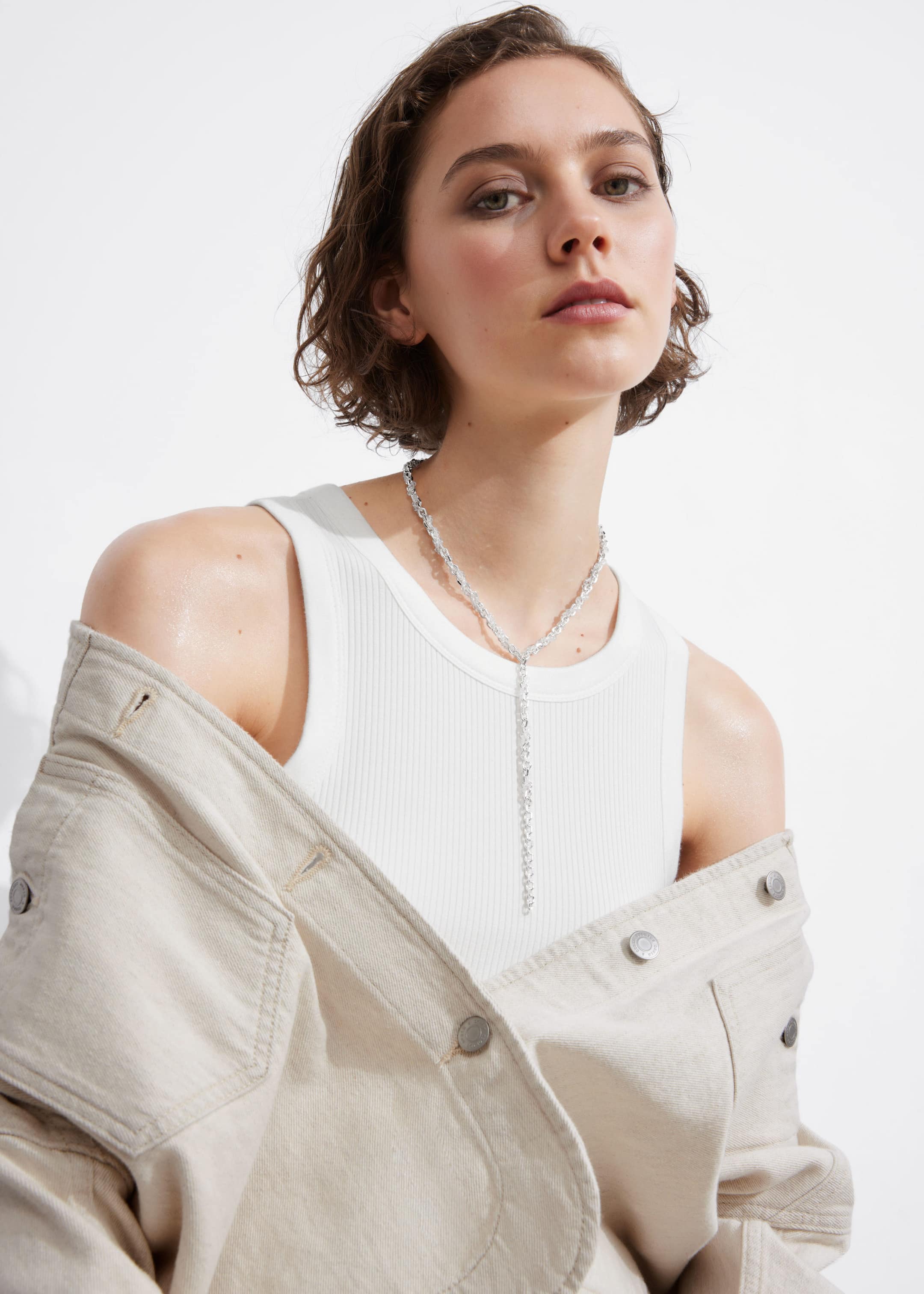 Crystal-Beaded Chain Necklace - Silver - Lookbook