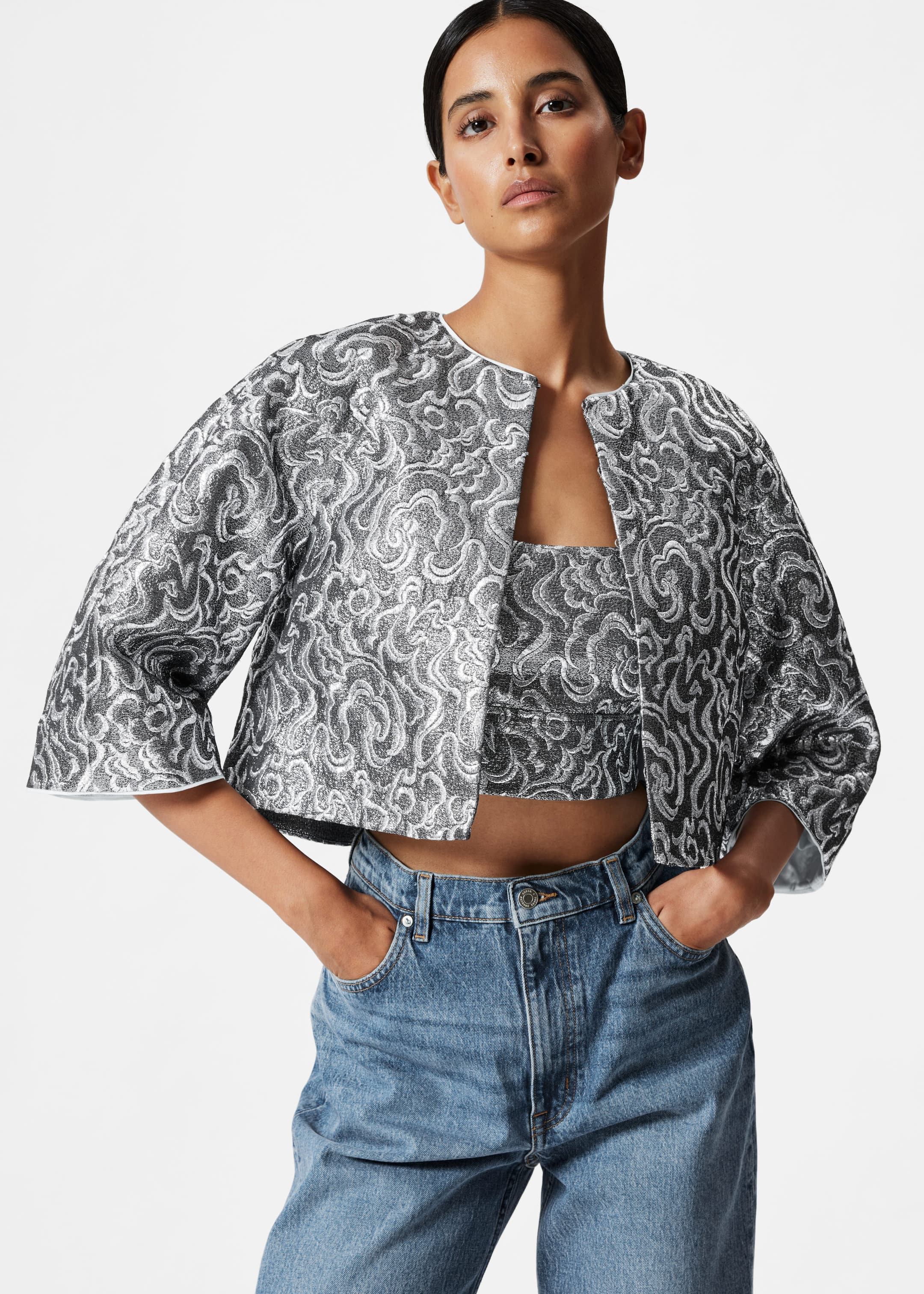 Cropped Metallic Jacquard Jacket - Silver - Lookbook