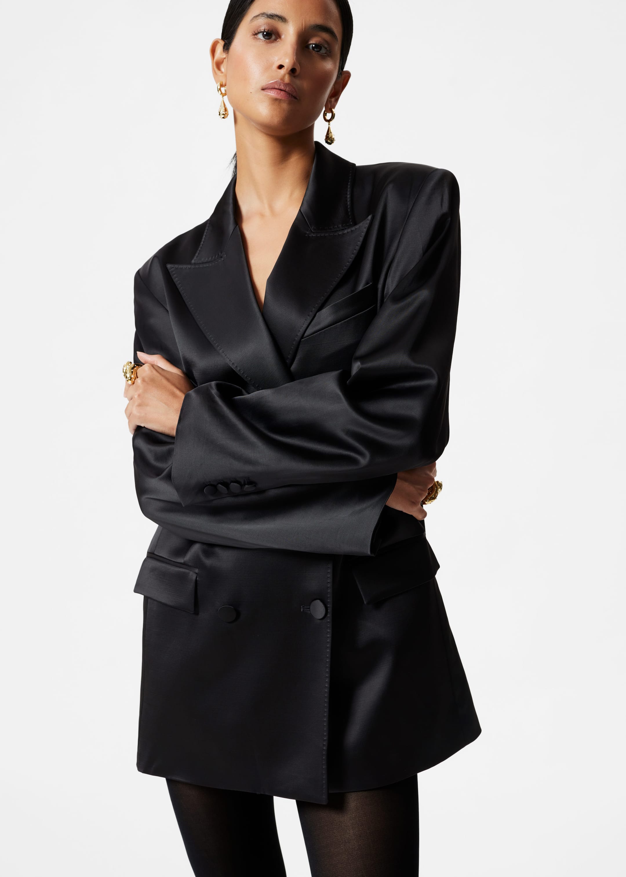 Shiny Belted Wool-Blend Blazer - Black - Lookbook