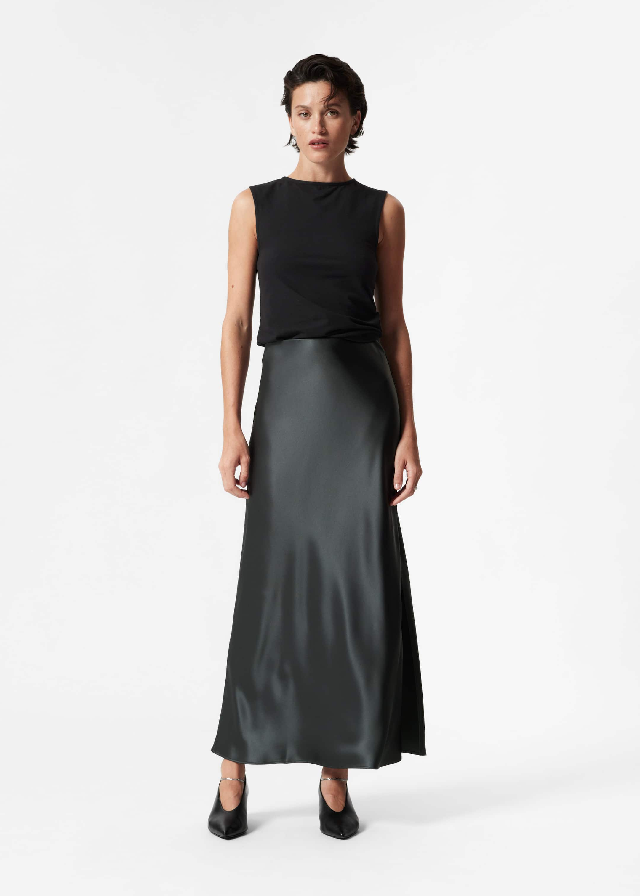 Satin Midi Skirt - Black - Lookbook