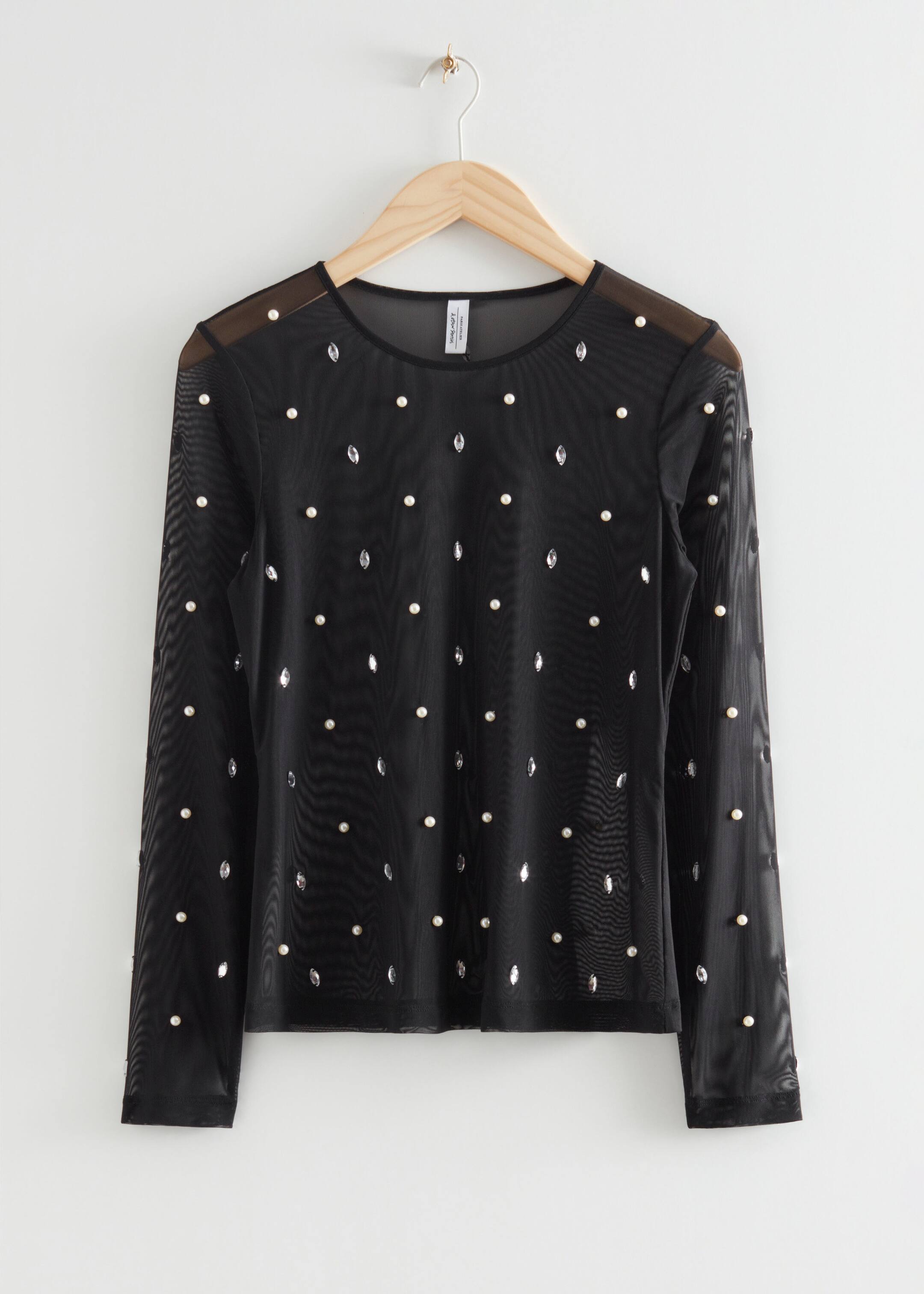 Pearl Embellished Mesh Top Black Embellished Other Stories NL