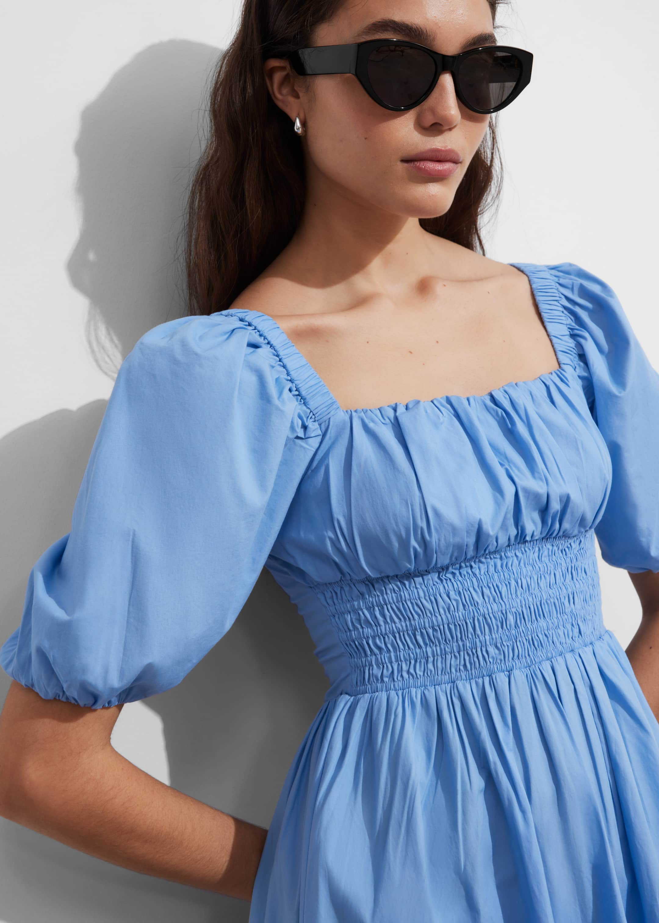 Puff-Sleeve Midi Dress - Light Blue - Lookbook