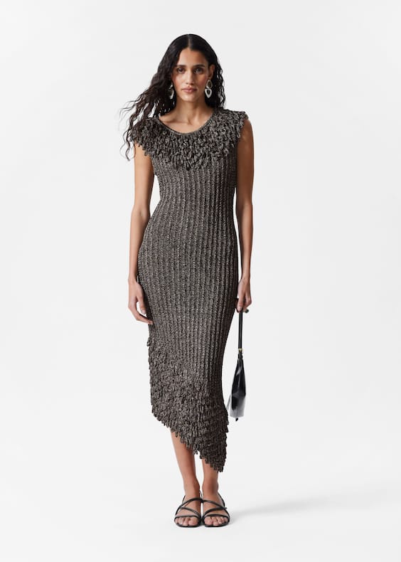 Fringe Rib-Knit Midi Dress