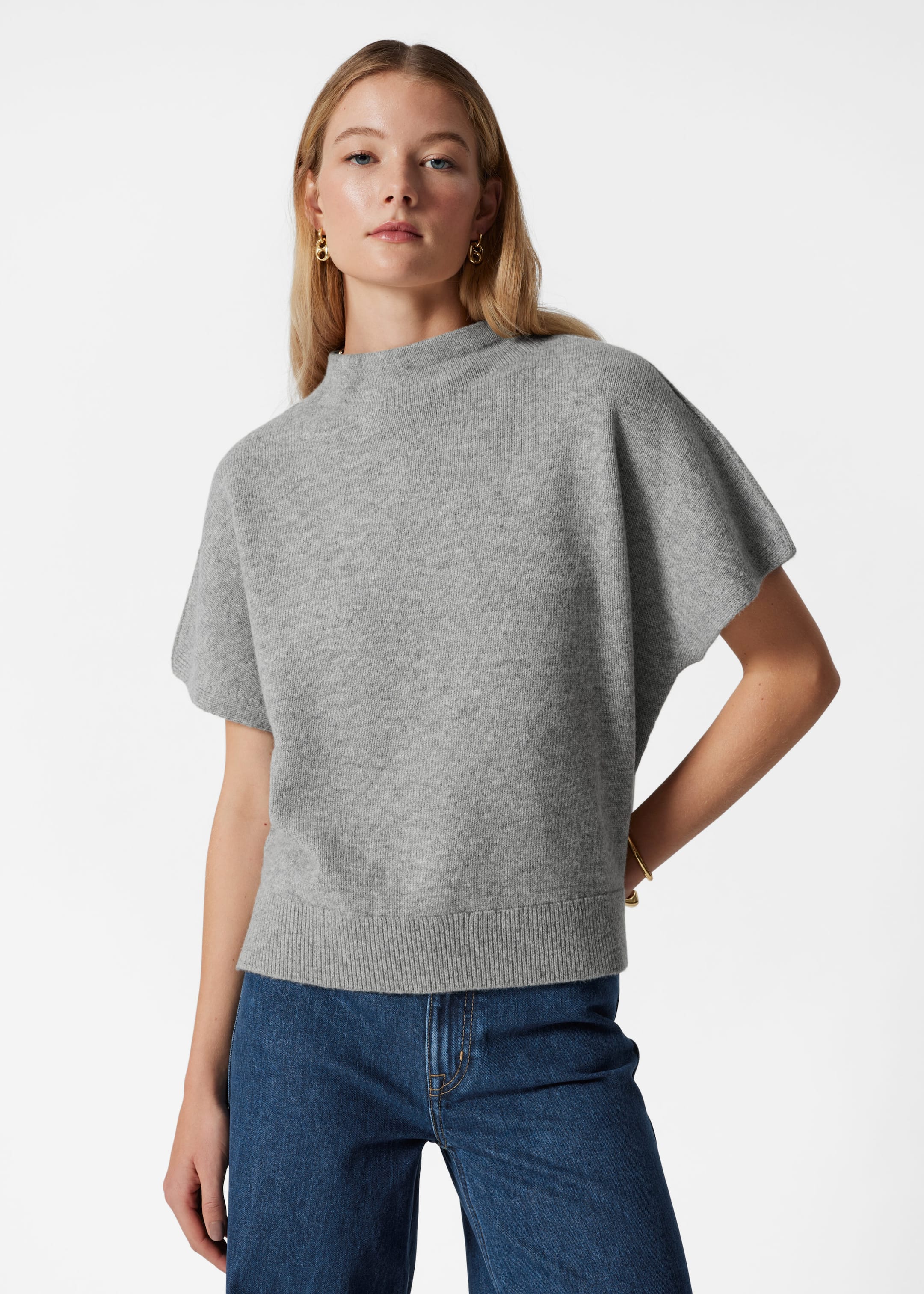 Knitted Wool Batwing-Sleeve Top - Light grey - Lookbook