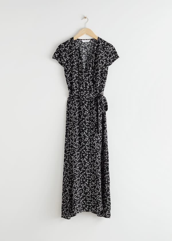 StillLife Front Image of Stories Floral Midi Wrap Dress in Black