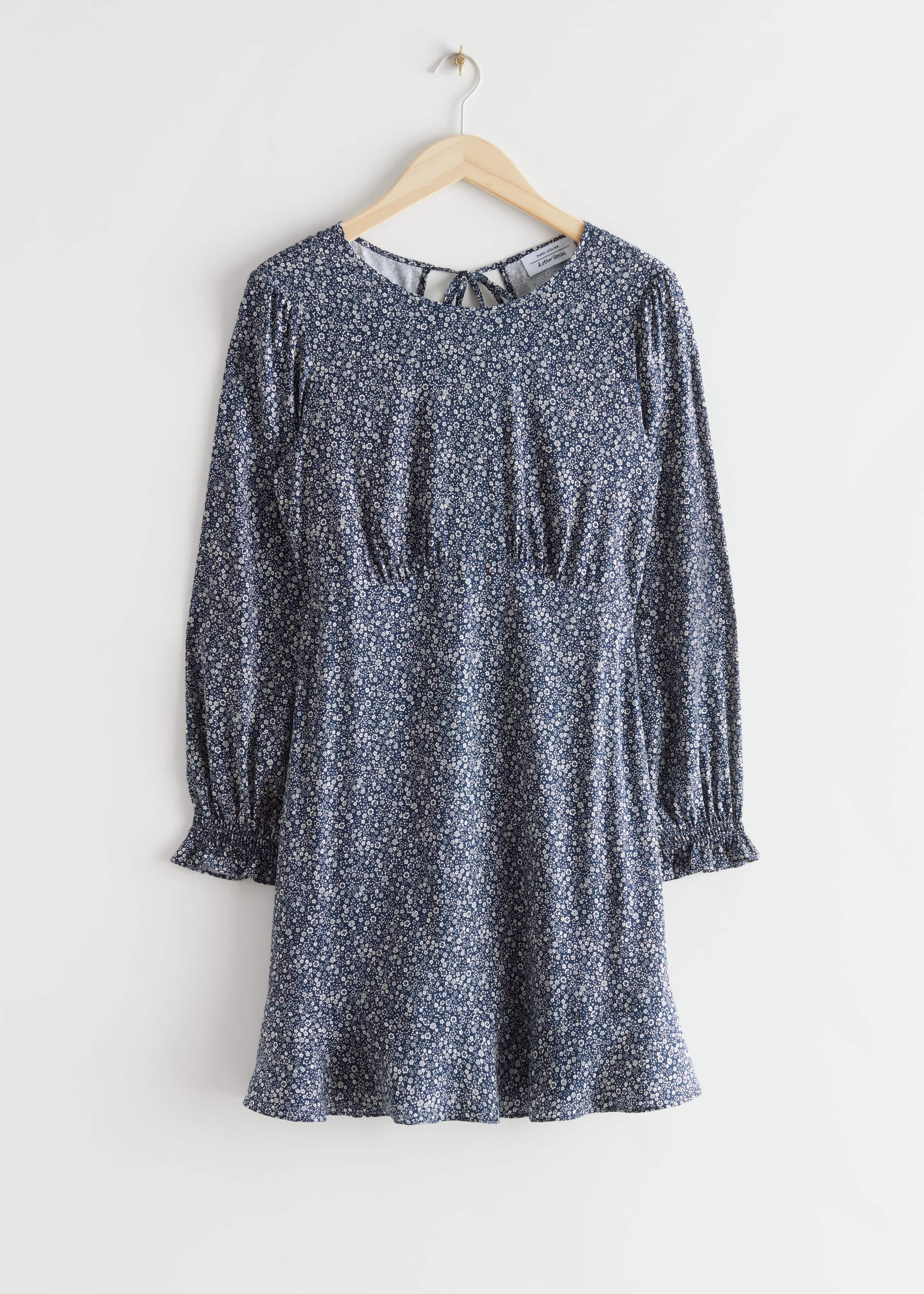 Frill Cuff Mini Dress - Blue Print - Still Life