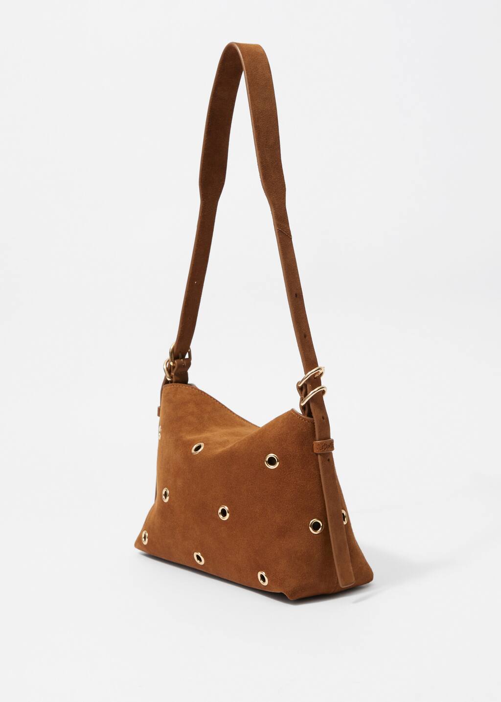 Small Eyelet-Embellished Suede Bag - Brown - Shoulderbags