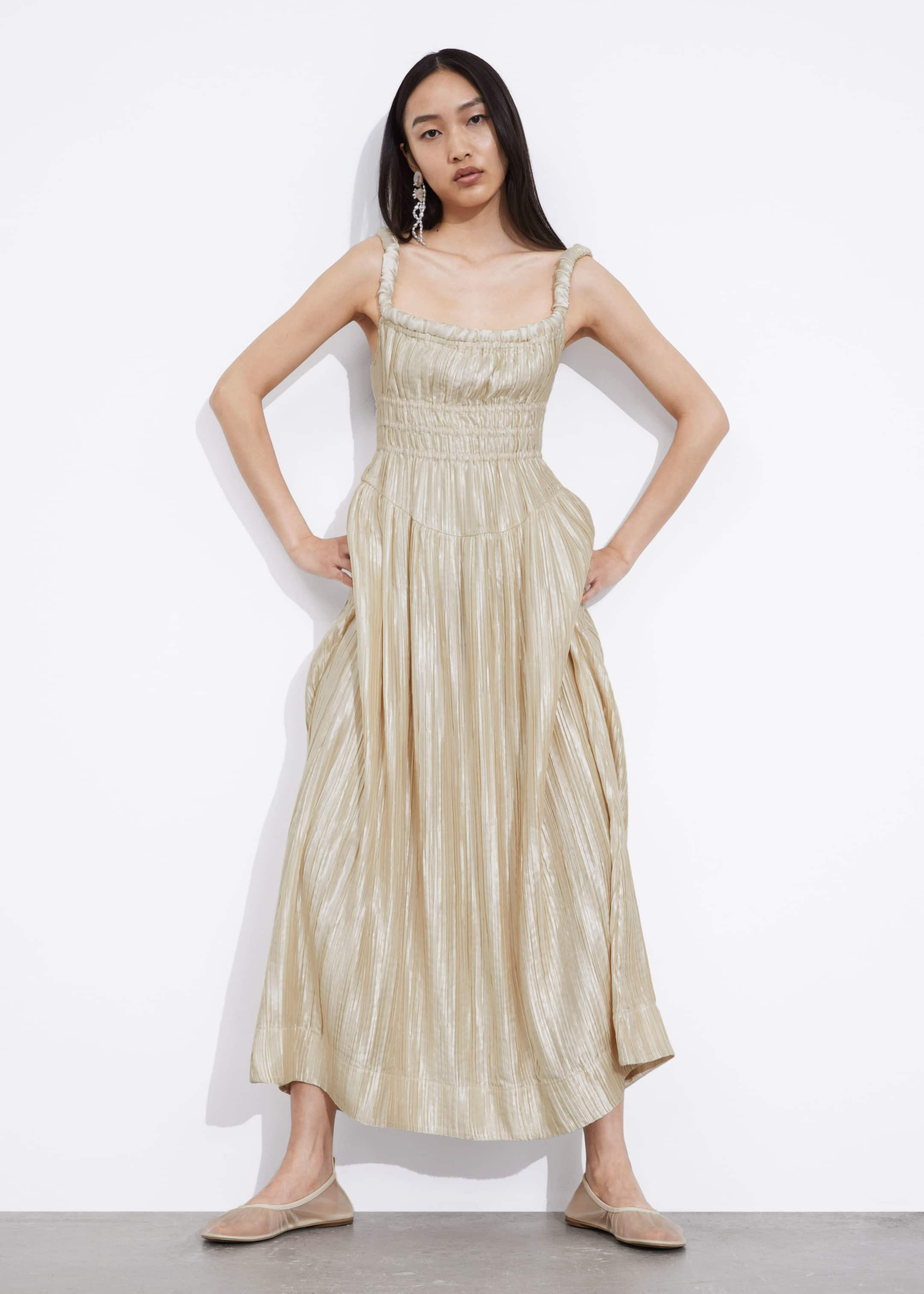 Shirred Satin Midi Dress - Cream - Lookbook