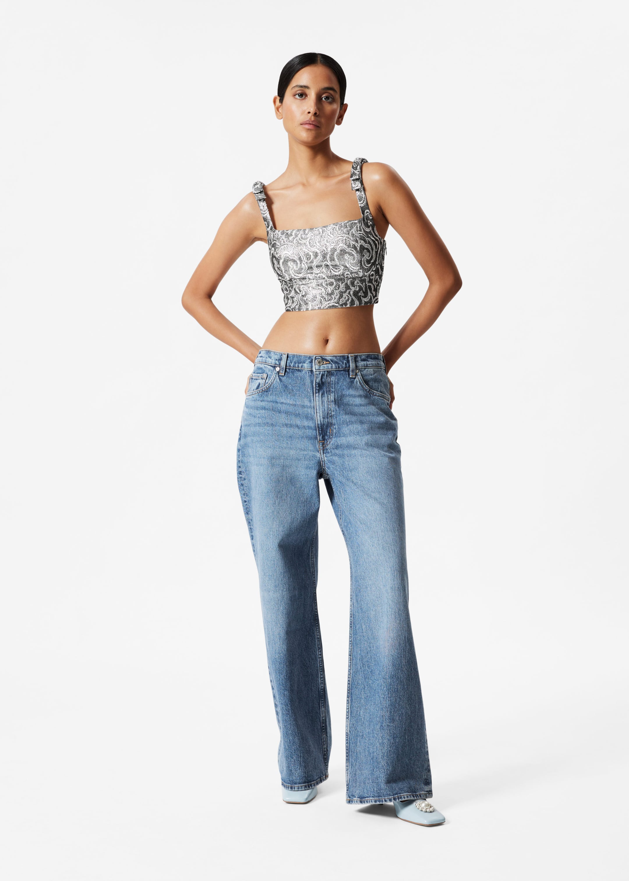 Metallic Jacquard Crop Top - Silver - Lookbook