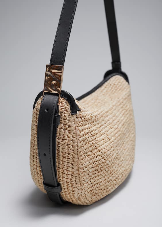 Leather-Trimmed Straw Shoulder Bag